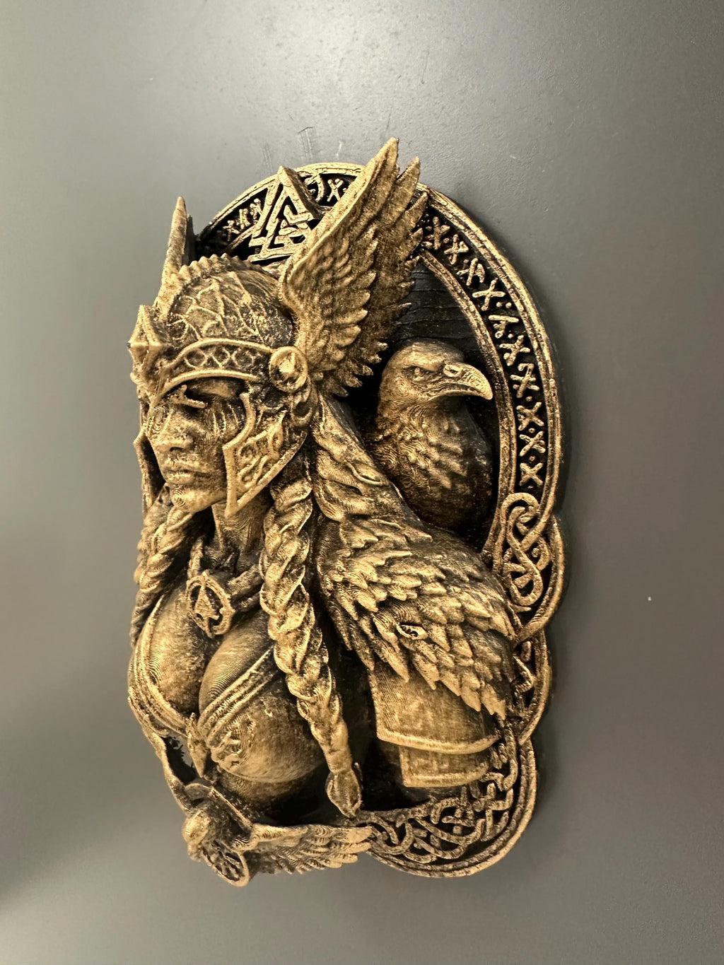 Valkyrie Wall Sculpture - Norse Goddess Freya Plaque - Viking Raven Wall Art - Antique Bronze Pagan Decor - Valknut Odin Mythology Gift