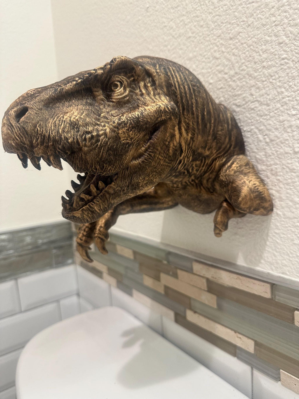 T-Rex Dinosaur Jurassic 8x6x6 3d Hanging Wall Mounted Sculpture Home Decor - Head and Claw - Hand Painted Antique Gold