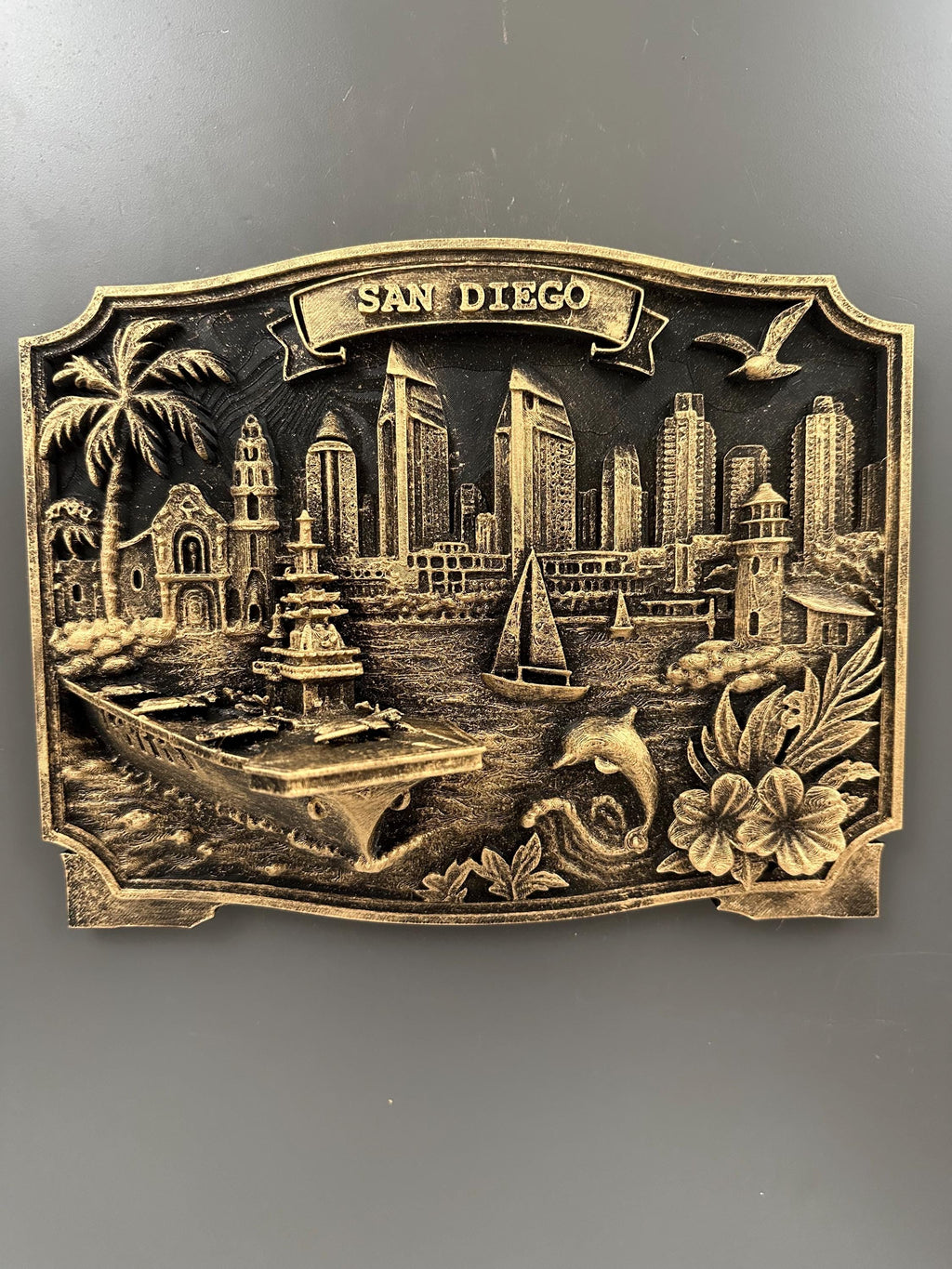 San Diego Skyline Wall Art - Handcrafted Relief Sculpture - Navy Carrier Ship Plaque - California Coastal Decor - Housewarming Gift