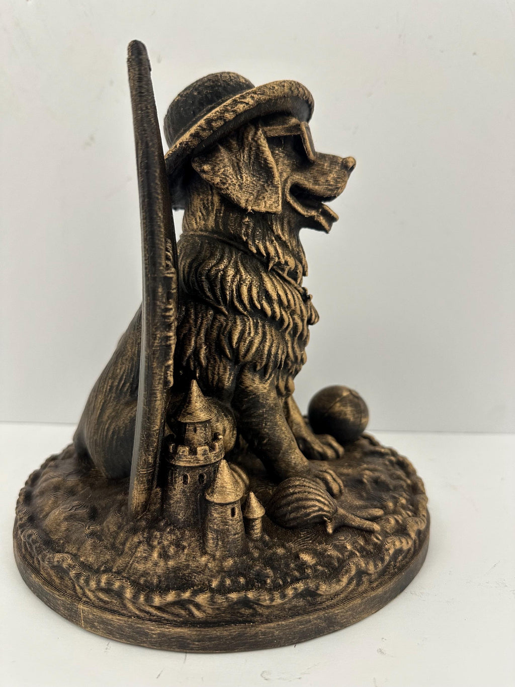 Beach Dog Statue with Surfboard - Coastal Golden Retriever Sculpture - Antique Bronze Finish - Beach House Decor - Dog Lover Gift - Surfer
