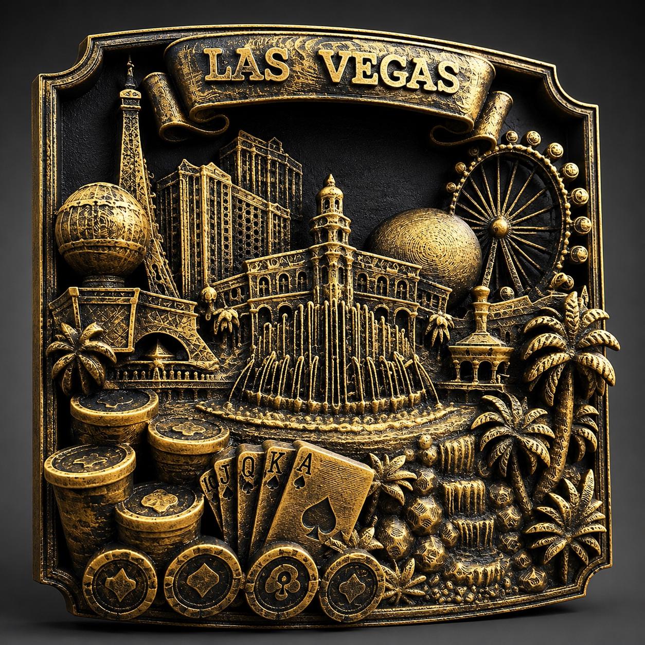 Las Vegas Wall Art Sculpture, Antique Gold Casino Decor, Poker Room Wall Plaque, Man Cave Bar Sign, Vegas Skyline Gift for Gamblers
