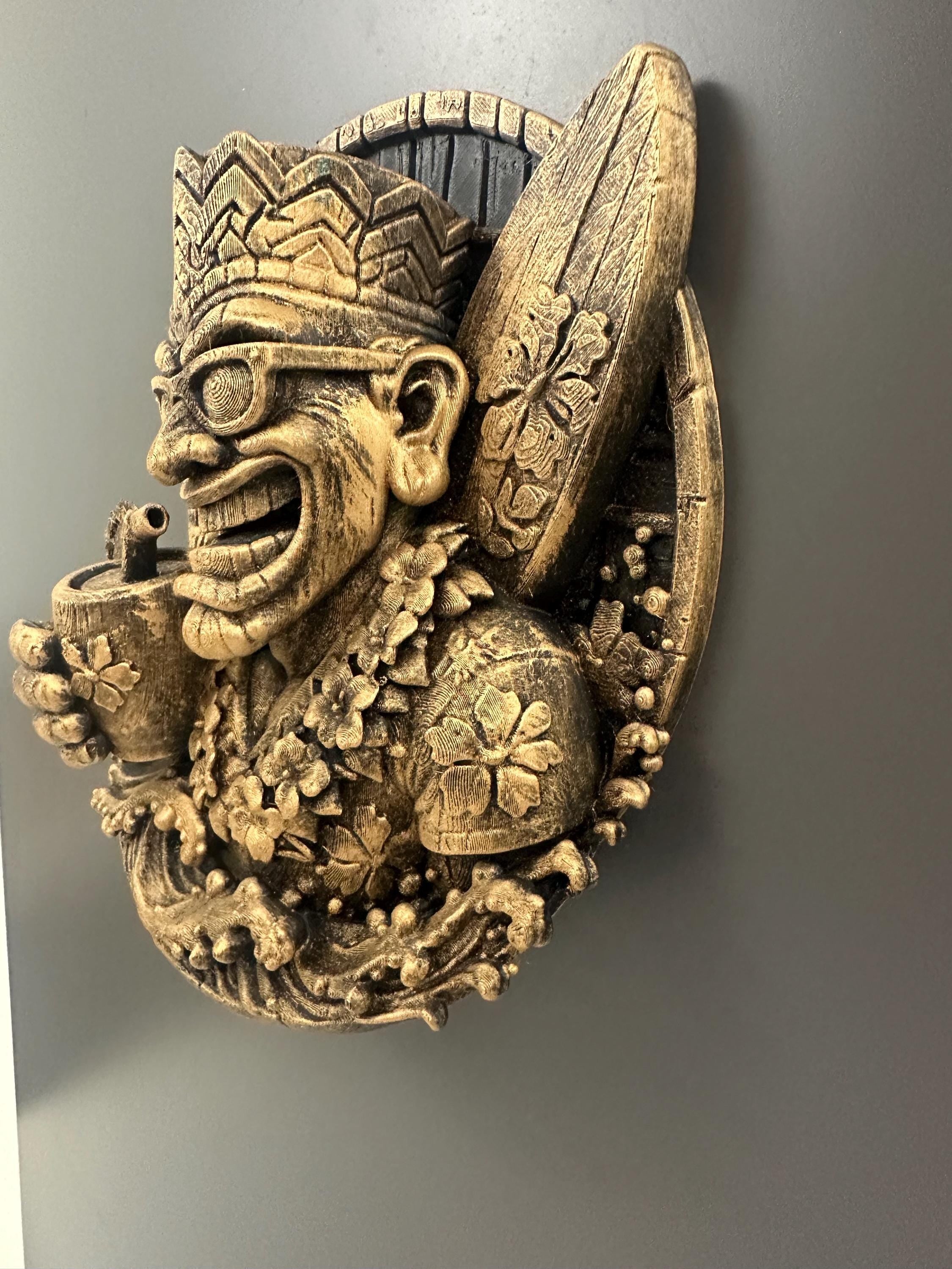 Tiki Bar Decor Wall Sculpture - Surfer Tiki Man with Cocktail - Hand Painted Beach Bar Wall Art - Luau Party Decor - Tropical Home Bar Gift