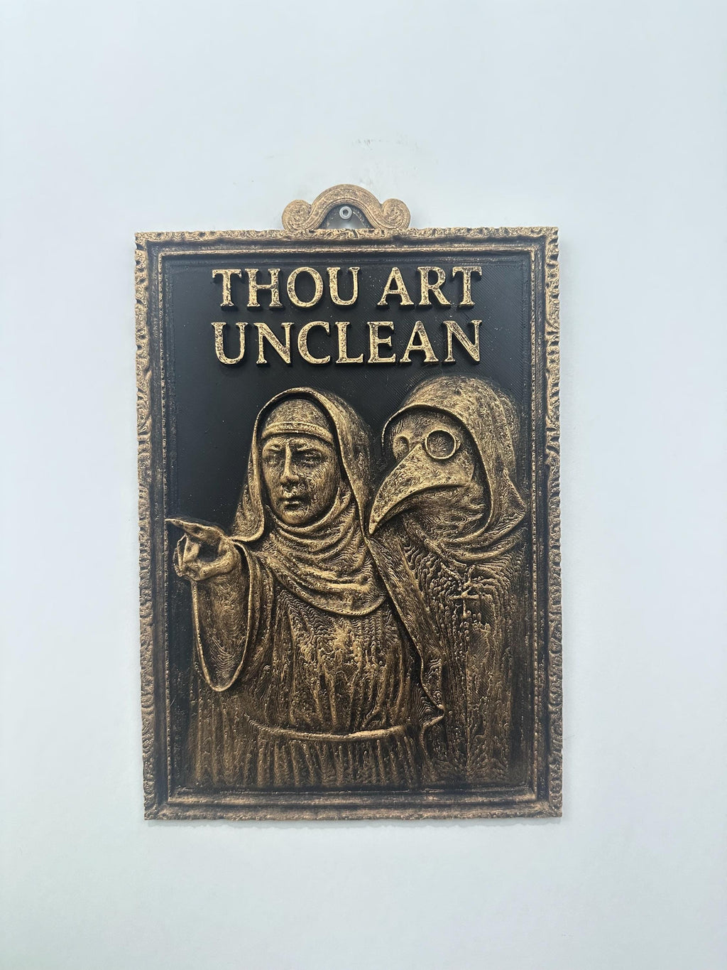 Thou Art Unclean Gothic Bathroom Wall Art - Medieval Nun & Plague Doctor Decor - Dark Humor Wall Sculpture- Whimsigoth Hand Painted 10x6