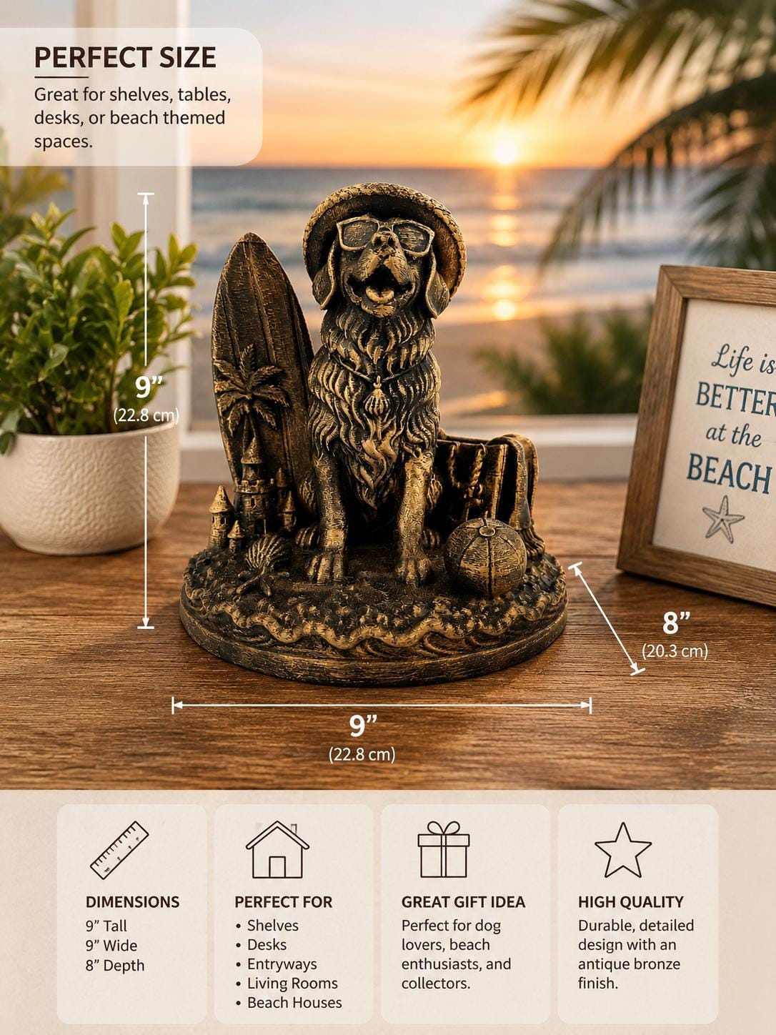 Beach Dog Statue with Surfboard - Coastal Golden Retriever Sculpture - Antique Bronze Finish - Beach House Decor - Dog Lover Gift - Surfer