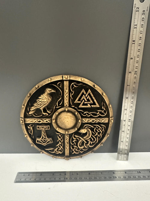 8” Viking Shield Wall Art Plaque — Norse Mythology Symbols, Antique Bronze 3D Printed Decor, Odin, Valknut, Thor Hammer