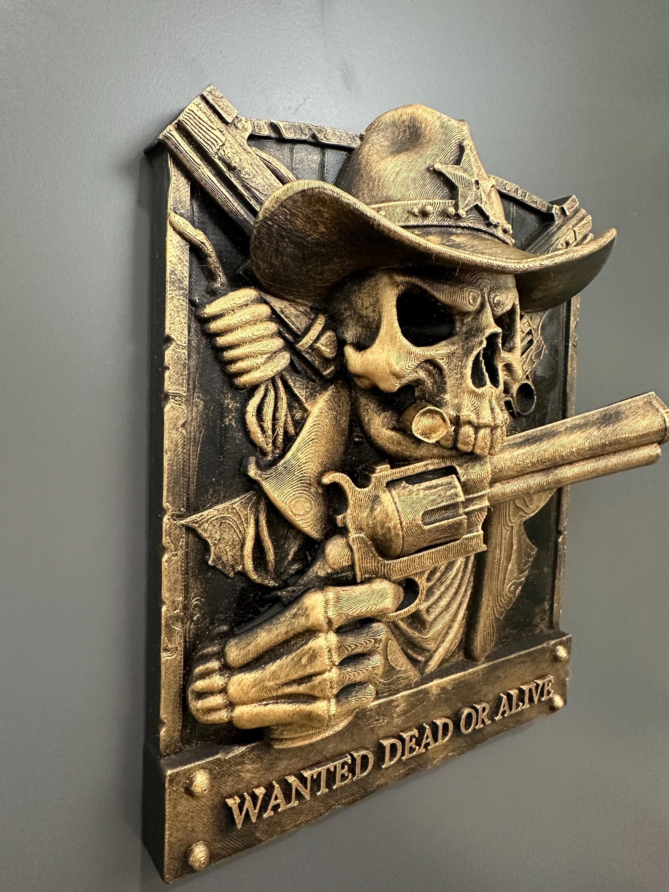 Cowboy Skull Wall Decor - Westerb Skeleton Plaque - Wanted Dead or Alive Sign - Gothic Ranch Decor - Man Cave Bar Art Hand Painted 9x7.5x2.5