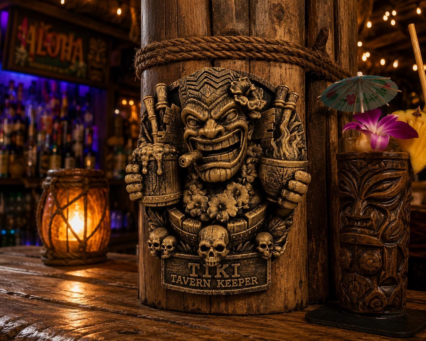 Tiki Tavern Keeper Wall Sculpture, Hand Painted Tiki Bar Decor, Hawaiian Luau Wall Art, Home Bar Sign, Man Cave Gift, Tropical Wall Hanging