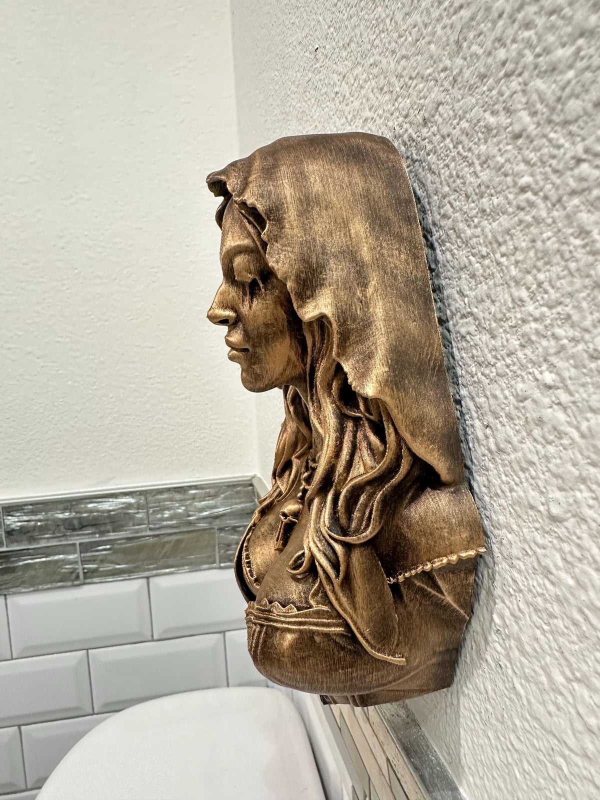 Gothic Hooded Woman with Eyes Sewn Shut Wall Sculpture