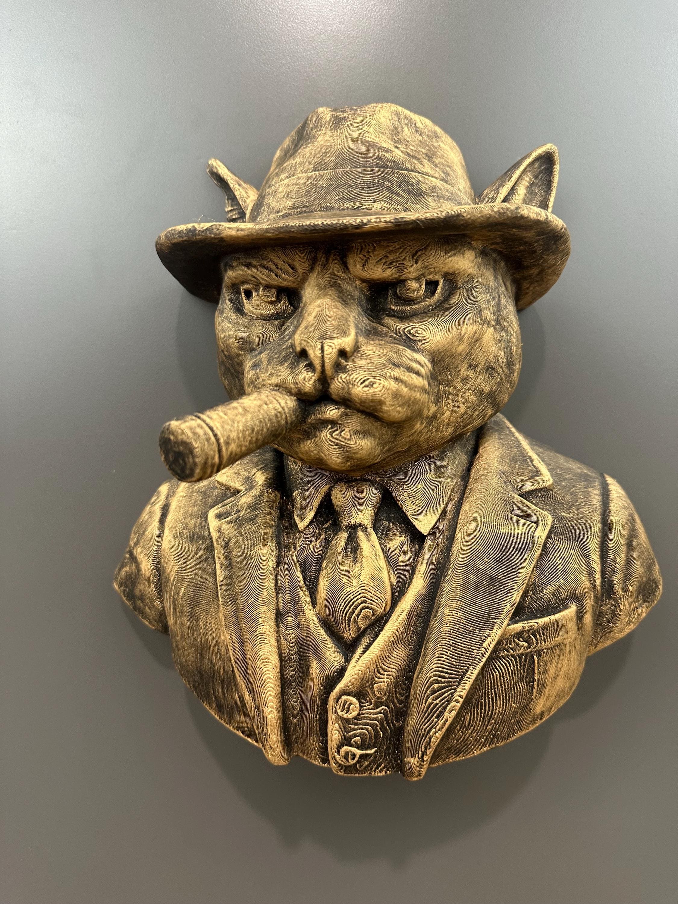 Gangster Cat Wall Bust - Cigar Smoking Cat Decor - Mafia Style Wall Art - Mob Boss Animal Sculpture - Man Cave Bar Decor Gift 9x9x4