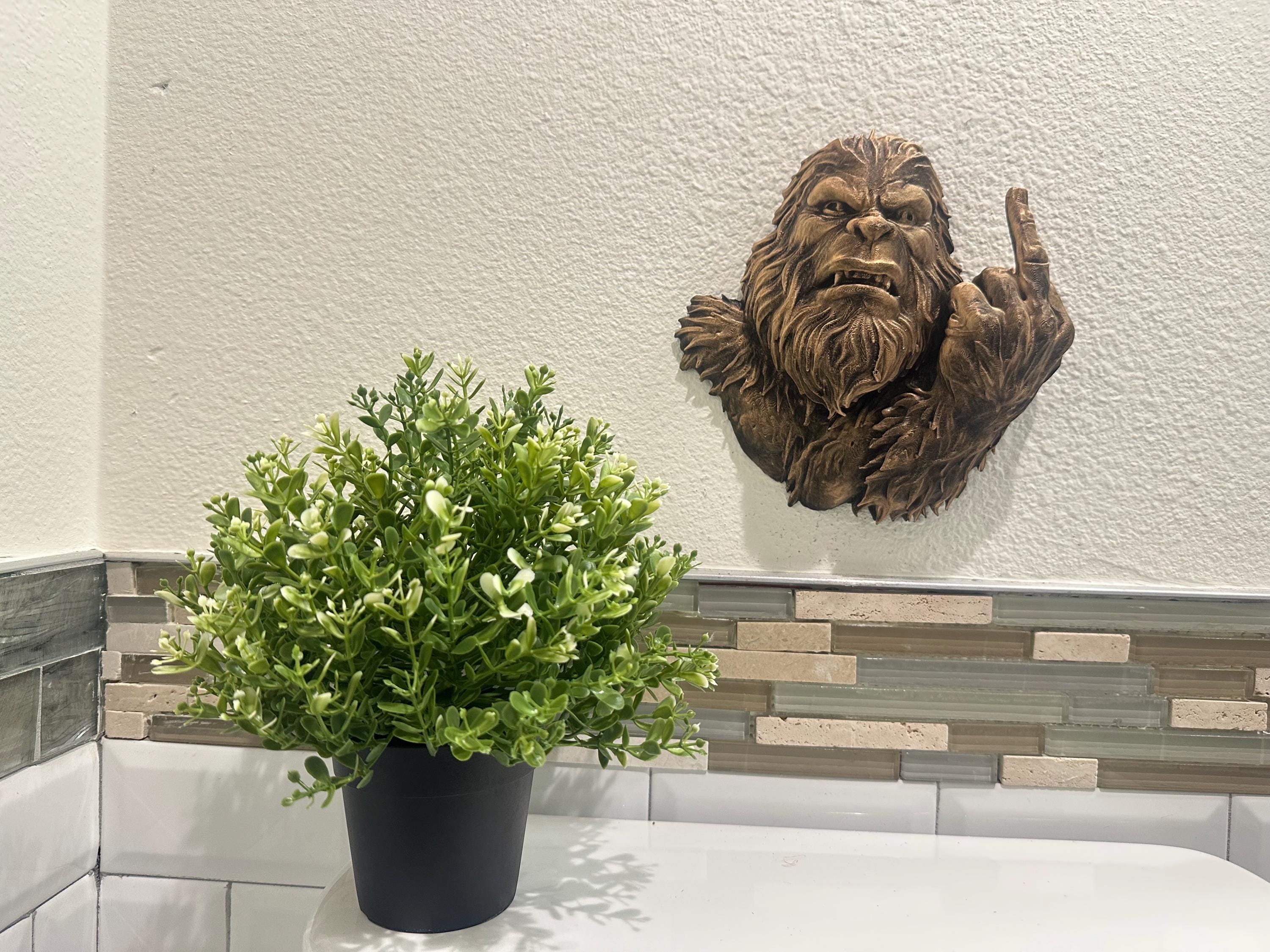 Hand Painted Bigfoot Wall Mount - Rude Sasquatch Middle Finger - Funny Man Cave Wall Decor - Rustic Cryptid Fantasy Bar Home Decor 9x8”