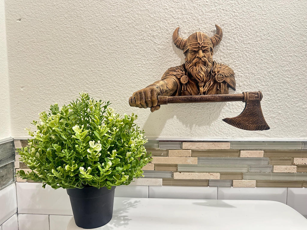Viking Hand Towel Holder - Norse Warrior Axe Wall Decor - Rustic Bathroom Towel Bar - Medieval Wall Art - Hand Painted Wall Mount Home Decor