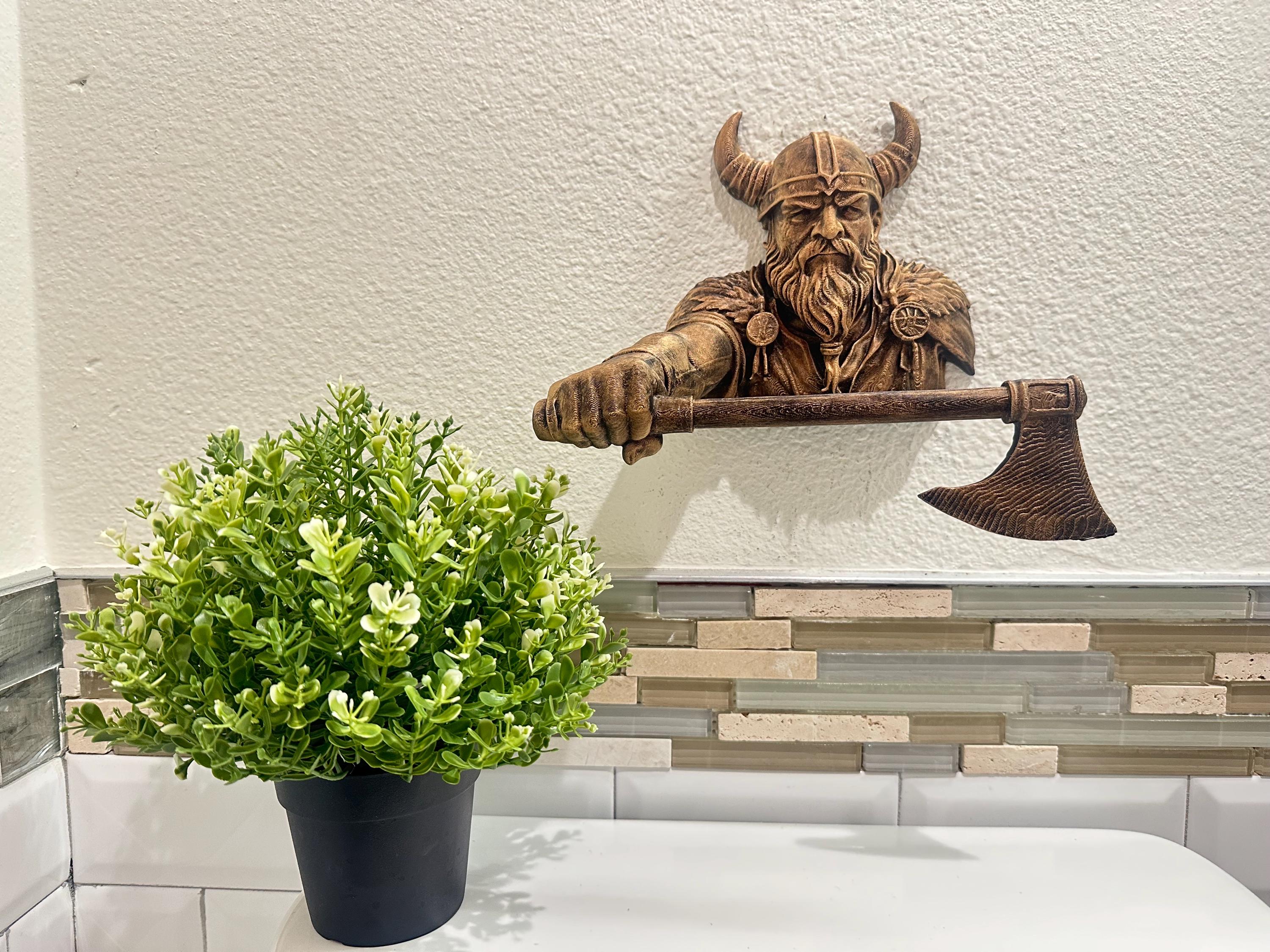 Viking Hand Towel Holder - Norse Warrior Axe Wall Decor - Rustic Bathroom Towel Bar - Medieval Wall Art - Hand Painted Wall Mount Home Decor