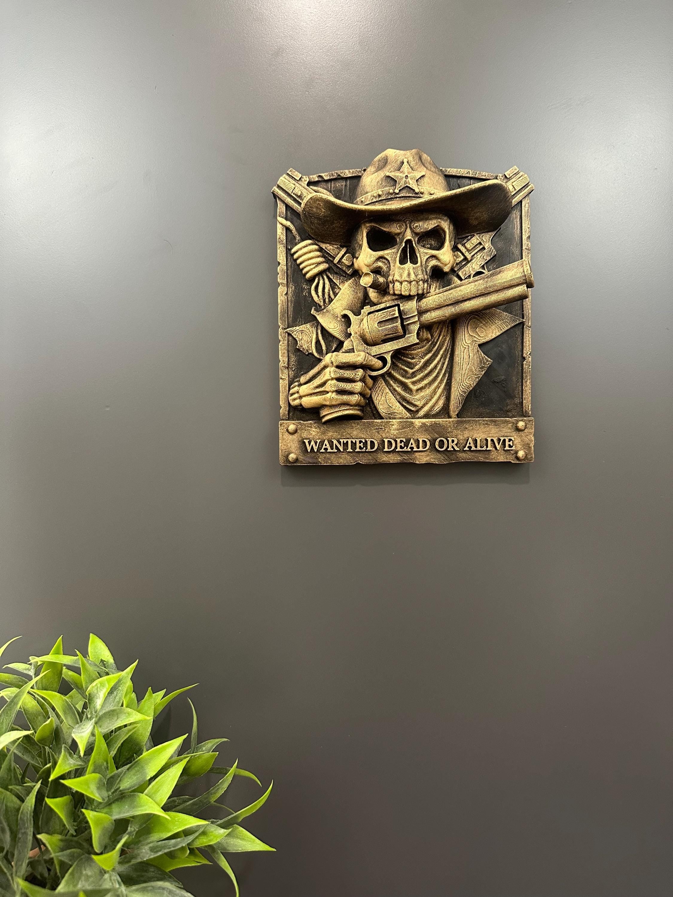 Cowboy Skull Wall Decor - Westerb Skeleton Plaque - Wanted Dead or Alive Sign - Gothic Ranch Decor - Man Cave Bar Art Hand Painted 9x7.5x2.5