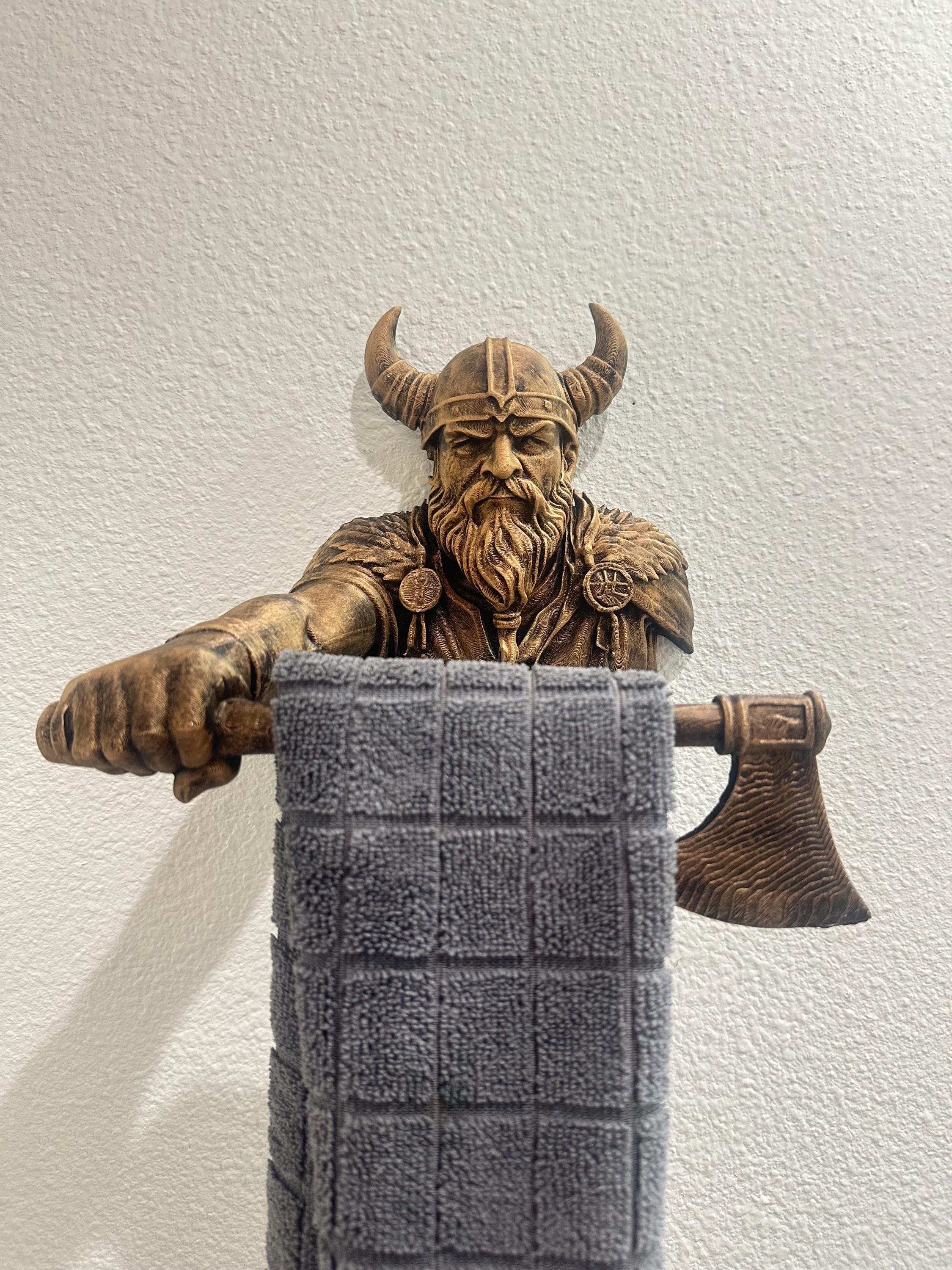Viking Hand Towel Holder - Norse Warrior Axe Wall Decor - Rustic Bathroom Towel Bar - Medieval Wall Art - Hand Painted Wall Mount Home Decor