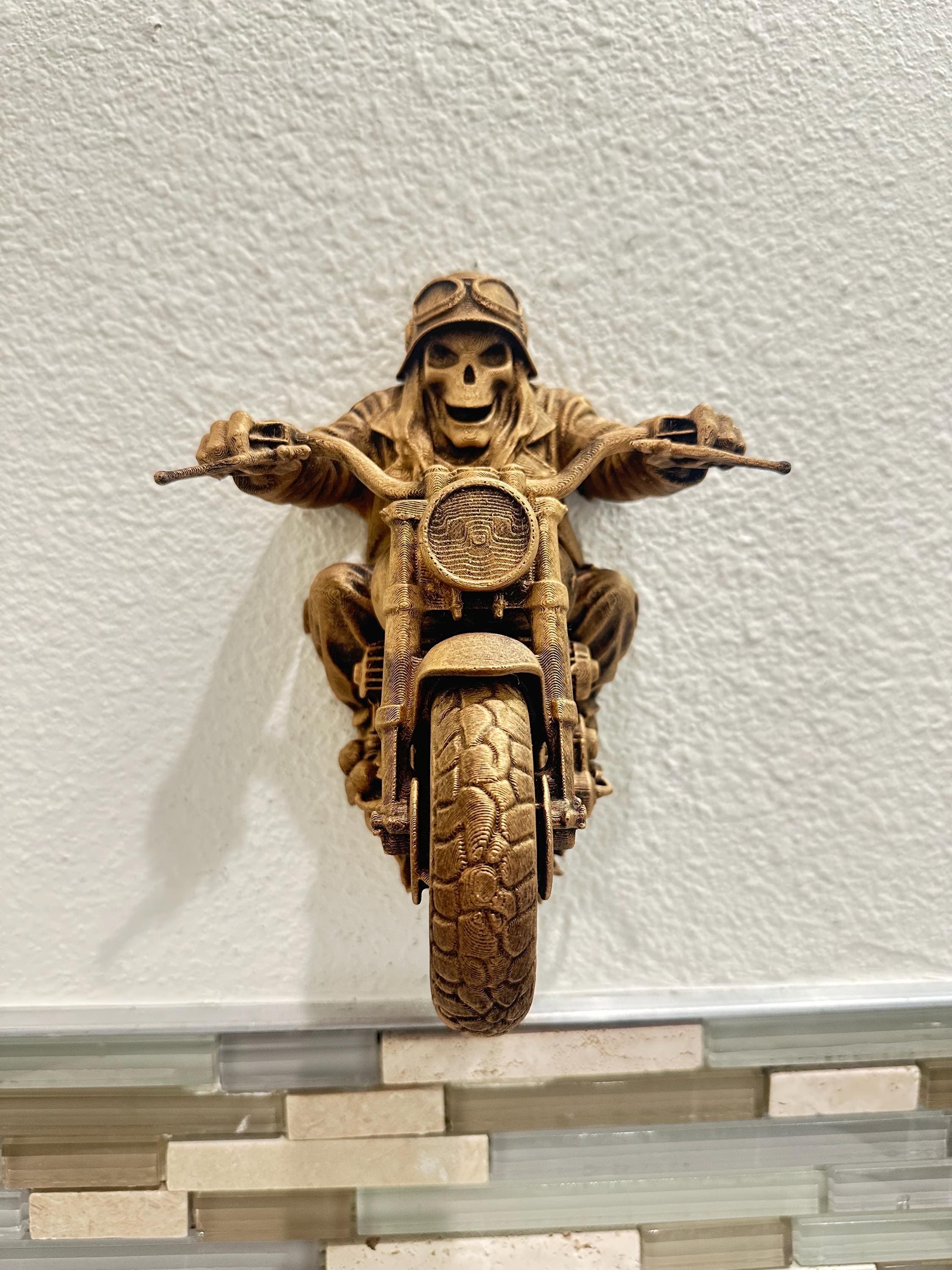 Grim Reaper Skeleton Biker Riding Motorcycle Wall Decor - Gothic Man Cave Garage Bar Wall Art - Biker Gift - Hand Painted 8”