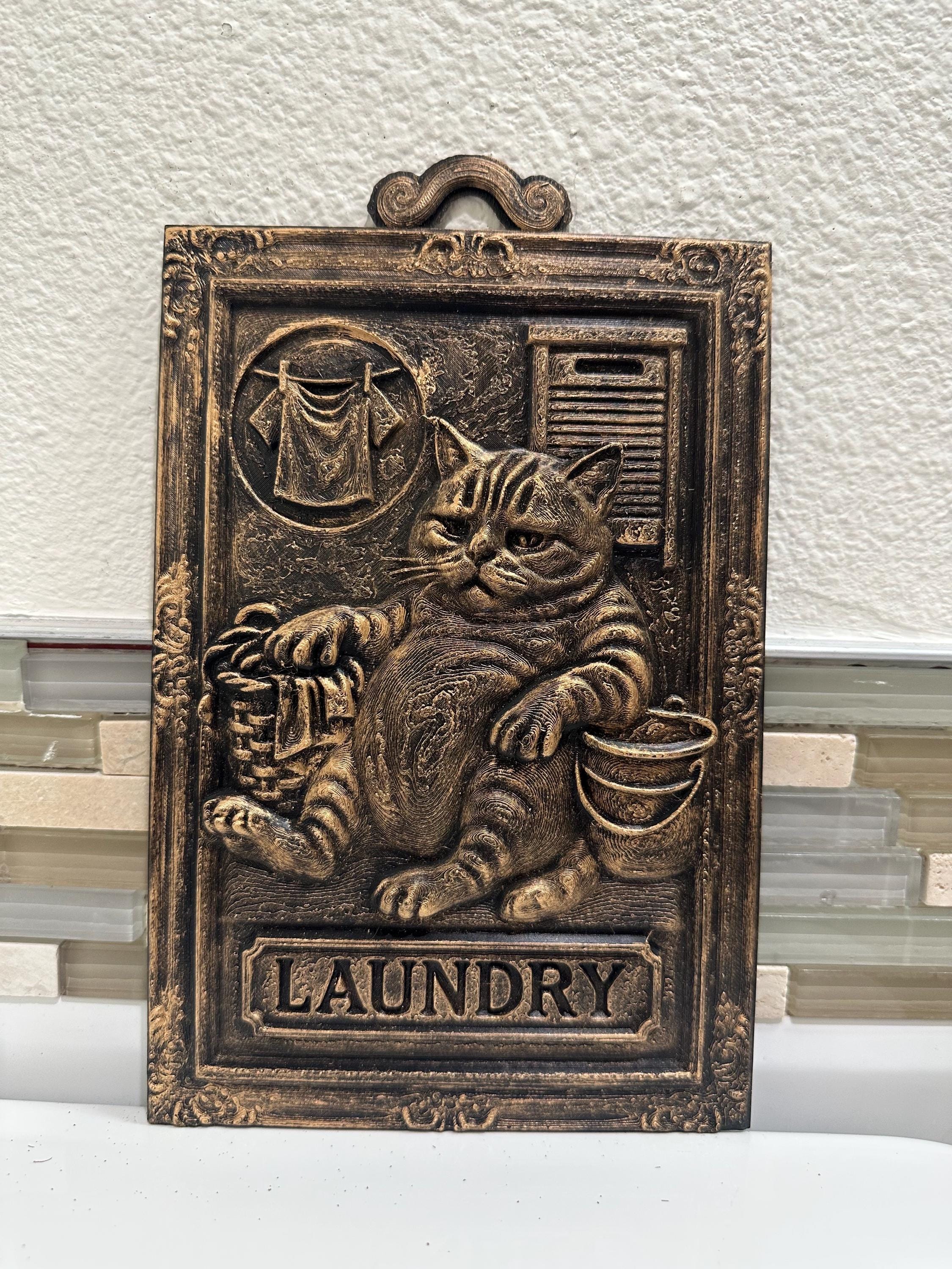 Hand Painted 3D 9” x 6” Funny Laundry Room Lazy Cat Bathroom Sign Wall Art Plaque Home Decor 3D Hanging Humor Gift Vintage Sculpture