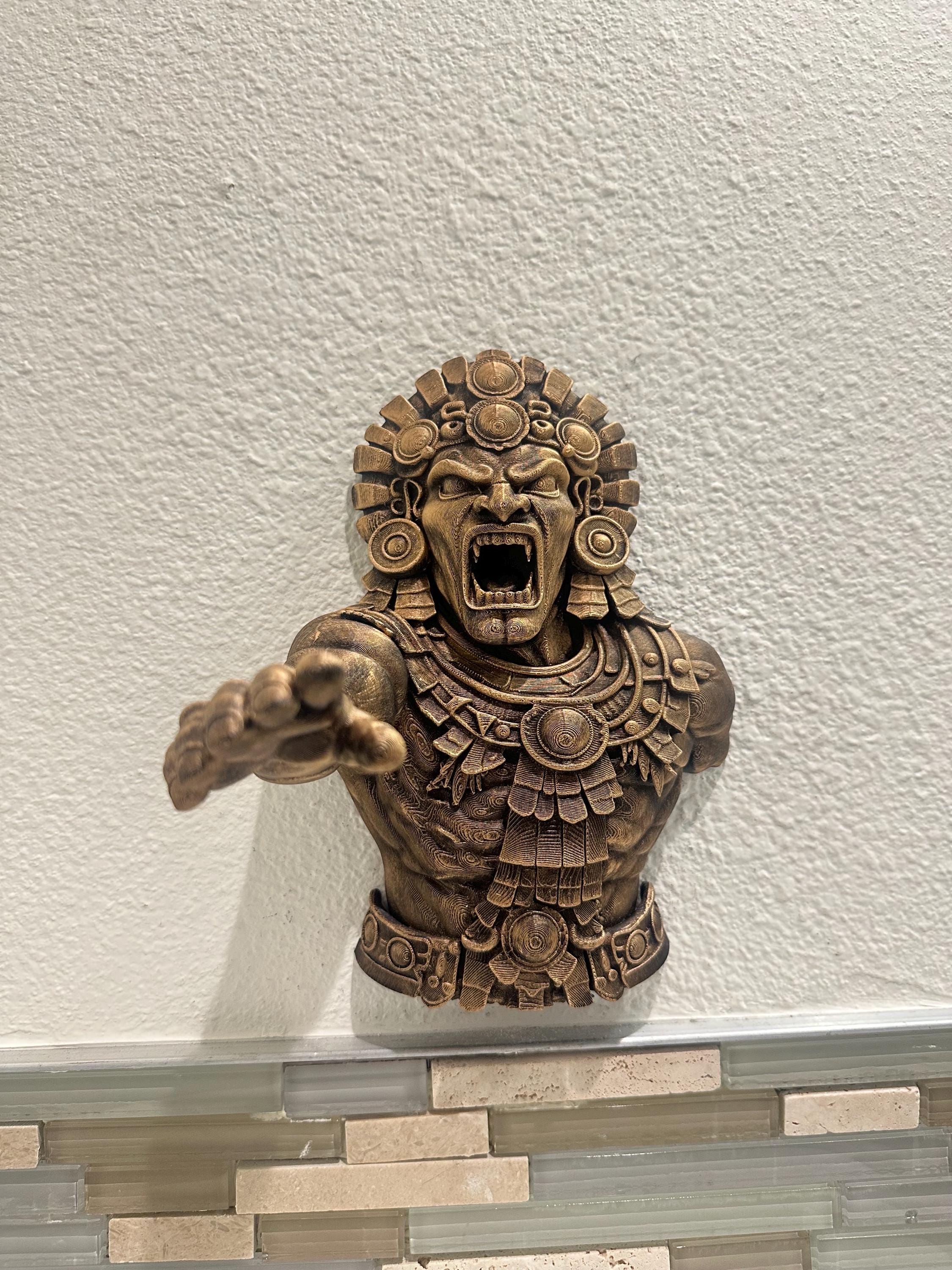 Aztec Warrior Hand Towel Holder - Mayan Tribal Wall Decor - Sculptural Bathroom Hand Towel Hook - Hand Painted Antique Gold Ancient Accent
