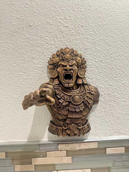 Aztec Warrior Hand Towel Holder - Mayan Tribal Wall Decor - Sculptural Bathroom Hand Towel Hook - Hand Painted Antique Gold Ancient Accent