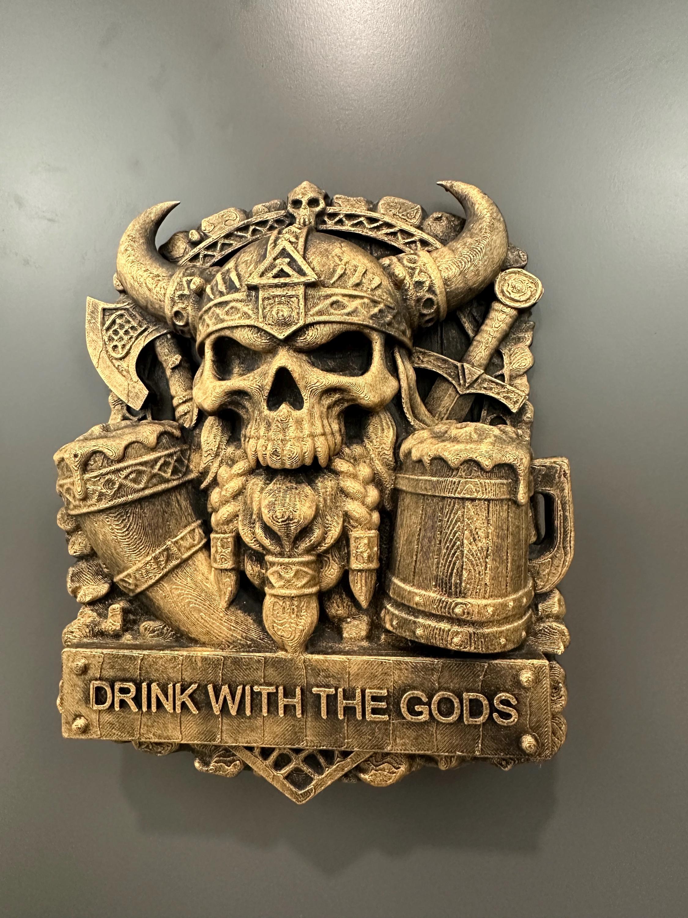 Viking Skull Wall Decor - Drink With the Gods Plaque - Norse Bar Wall Art - Gothic Man Cave Decor - Rustic Mead Hall Sign Hand Painted 9”