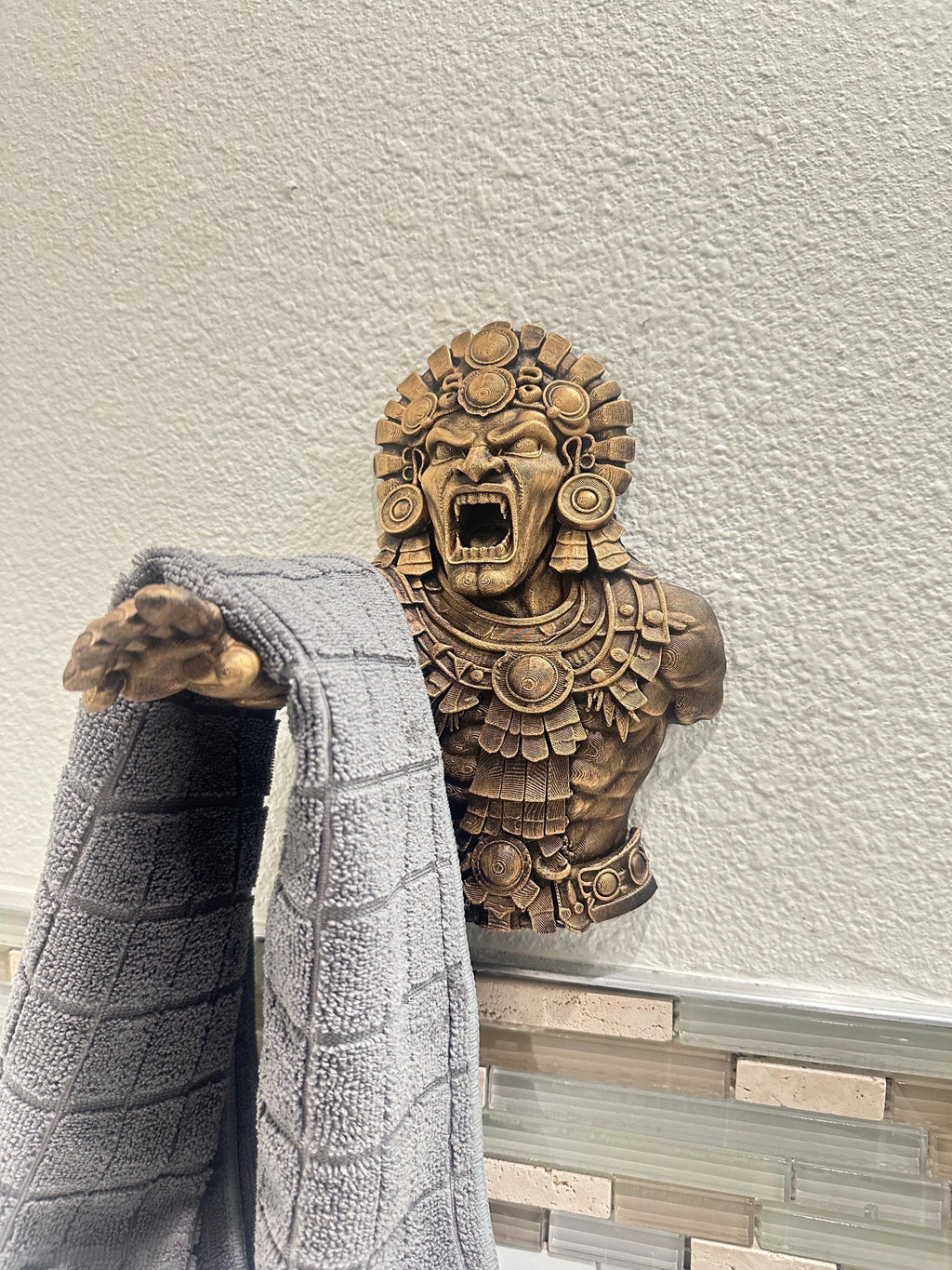 Aztec Warrior Hand Towel Holder - Mayan Tribal Wall Decor - Sculptural Bathroom Hand Towel Hook - Hand Painted Antique Gold Ancient Accent