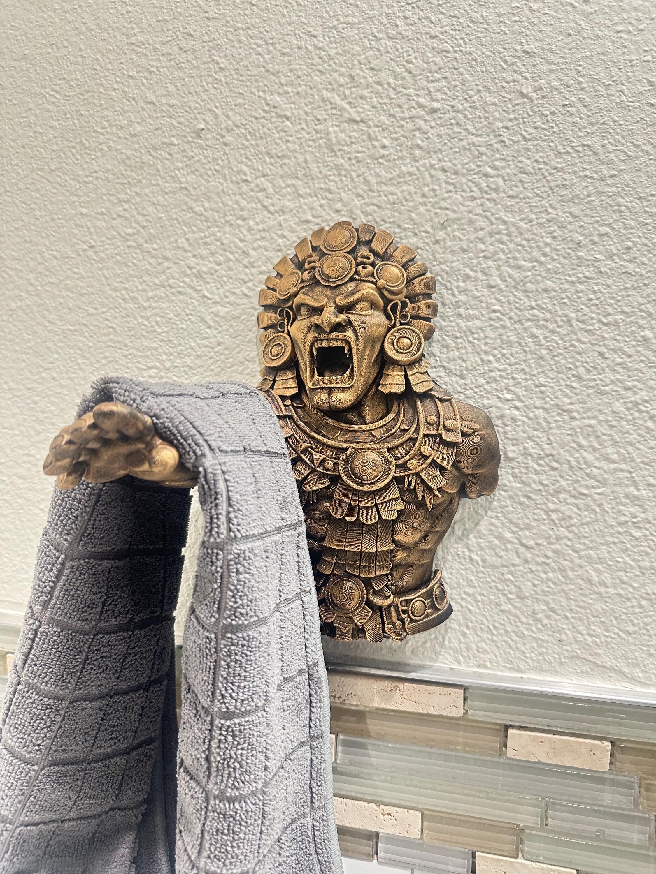 Aztec Warrior Hand Towel Holder - Mayan Tribal Wall Decor - Sculptural Bathroom Hand Towel Hook - Hand Painted Antique Gold Ancient Accent