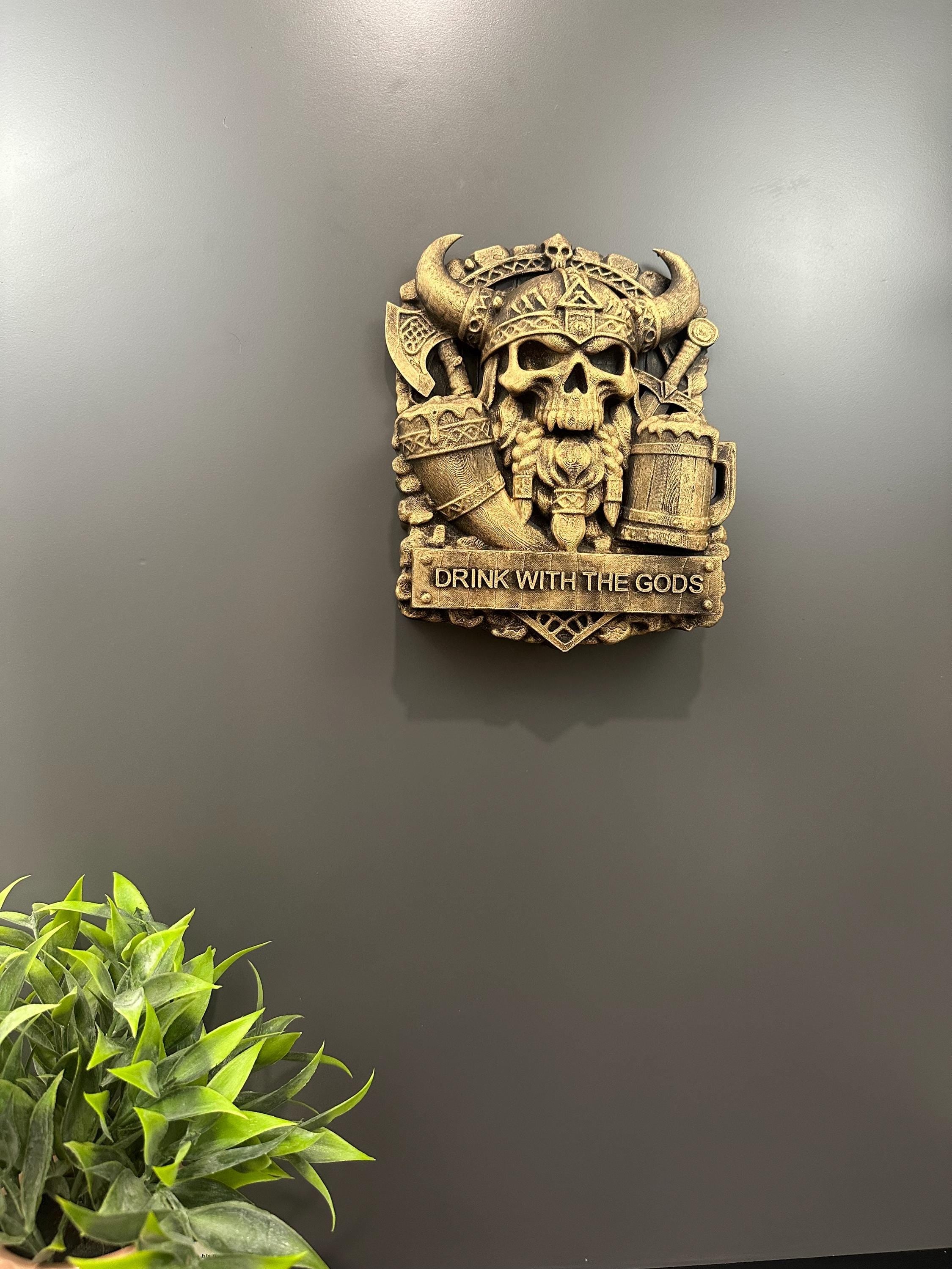 Viking Skull Wall Decor - Drink With the Gods Plaque - Norse Bar Wall Art - Gothic Man Cave Decor - Rustic Mead Hall Sign Hand Painted 9”