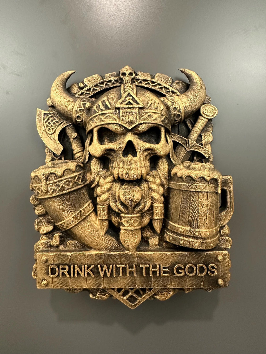Viking Skull Wall Decor - Drink With the Gods Plaque - Norse Bar Wall Art - Gothic Man Cave Decor - Rustic Mead Hall Sign Hand Painted 9”