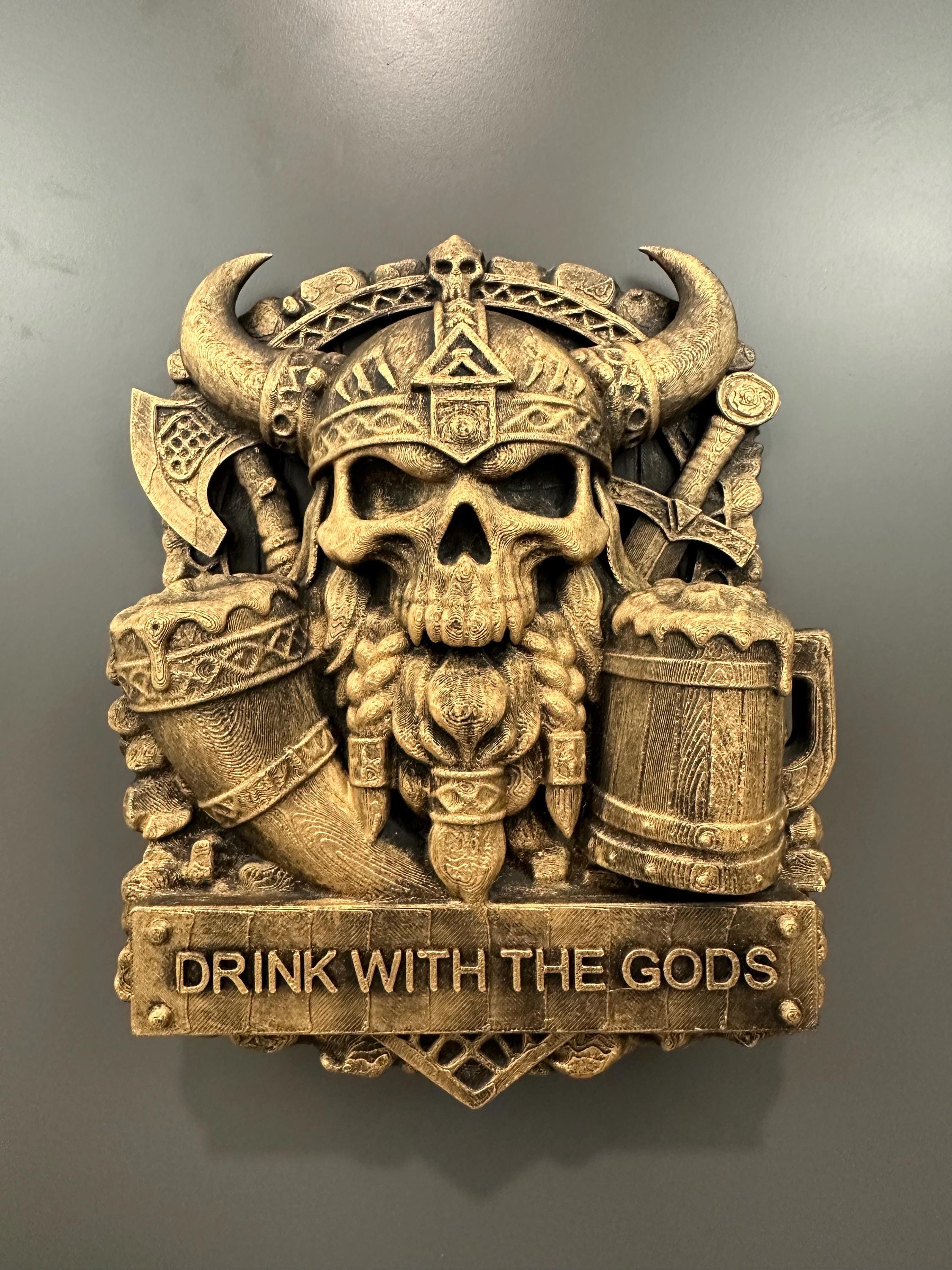 Viking Skull Wall Decor - Drink With the Gods Plaque - Norse Bar Wall Art - Gothic Man Cave Decor - Rustic Mead Hall Sign Hand Painted 9”