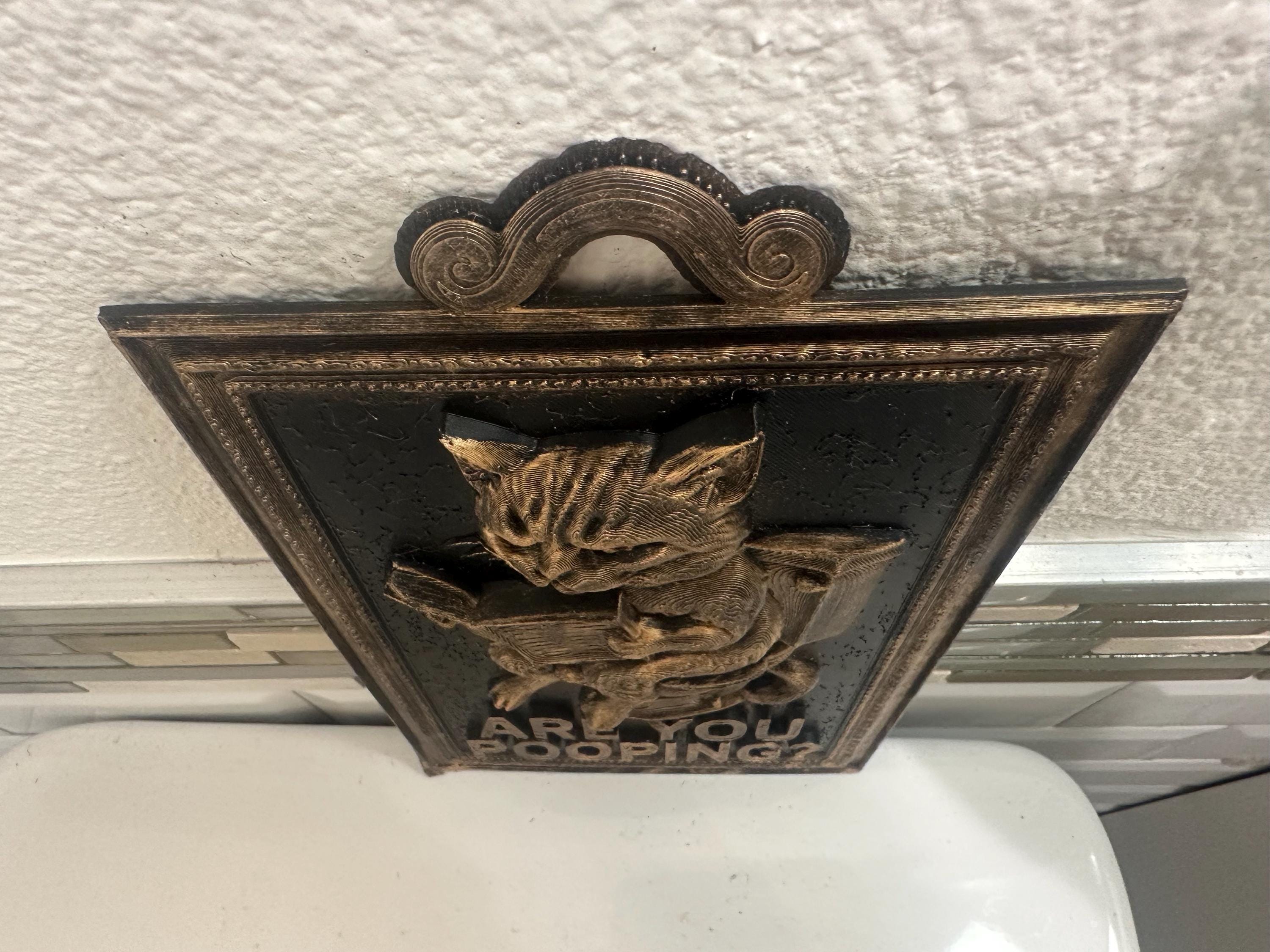 Hand Painted 9” x 6” Funny Are You Pooping Cat Newspaper Bathroom Sign Wall Art Home Decor 3D Hanging Humor Gift Vintage Sculpture Toilet