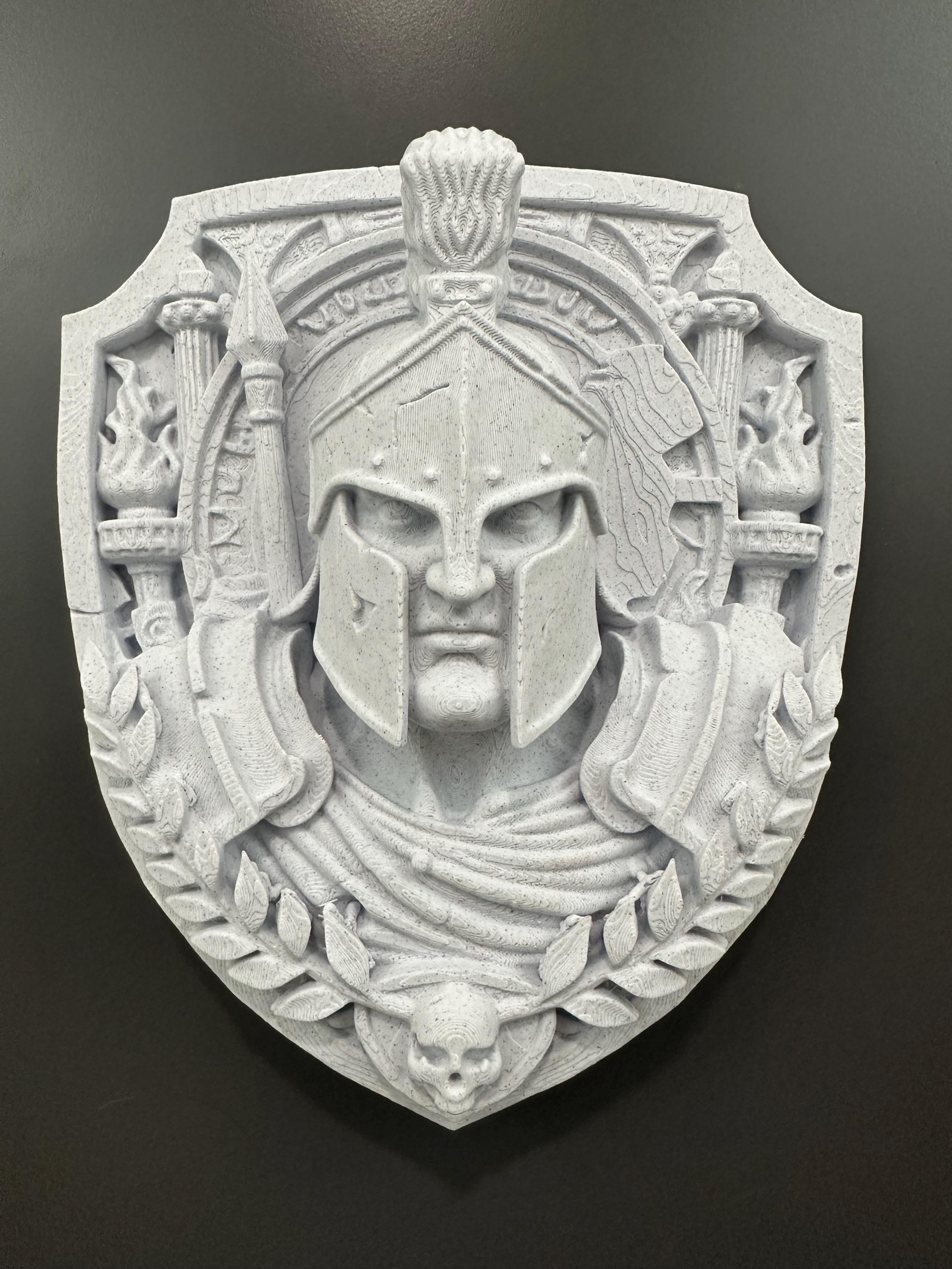 Spartan Warrior Wall Plaque Sculpture - Greek Gladiator Helmet Decor - Stone Style Wall Art - Man Cave Gym Decor - Ancient Warrior 8x7x3”