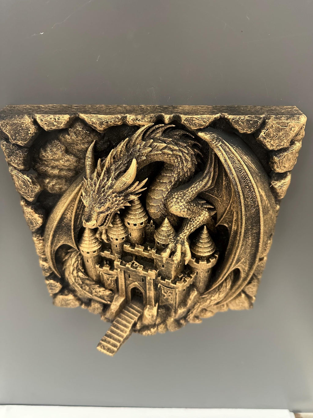 Dragon Castle Wall Sculpture - Medieval Fantasy 3D Relief Plaque - Dark Fantasy Home Decor - Guardian Dragon Wall Art - Castle Wall Hanging