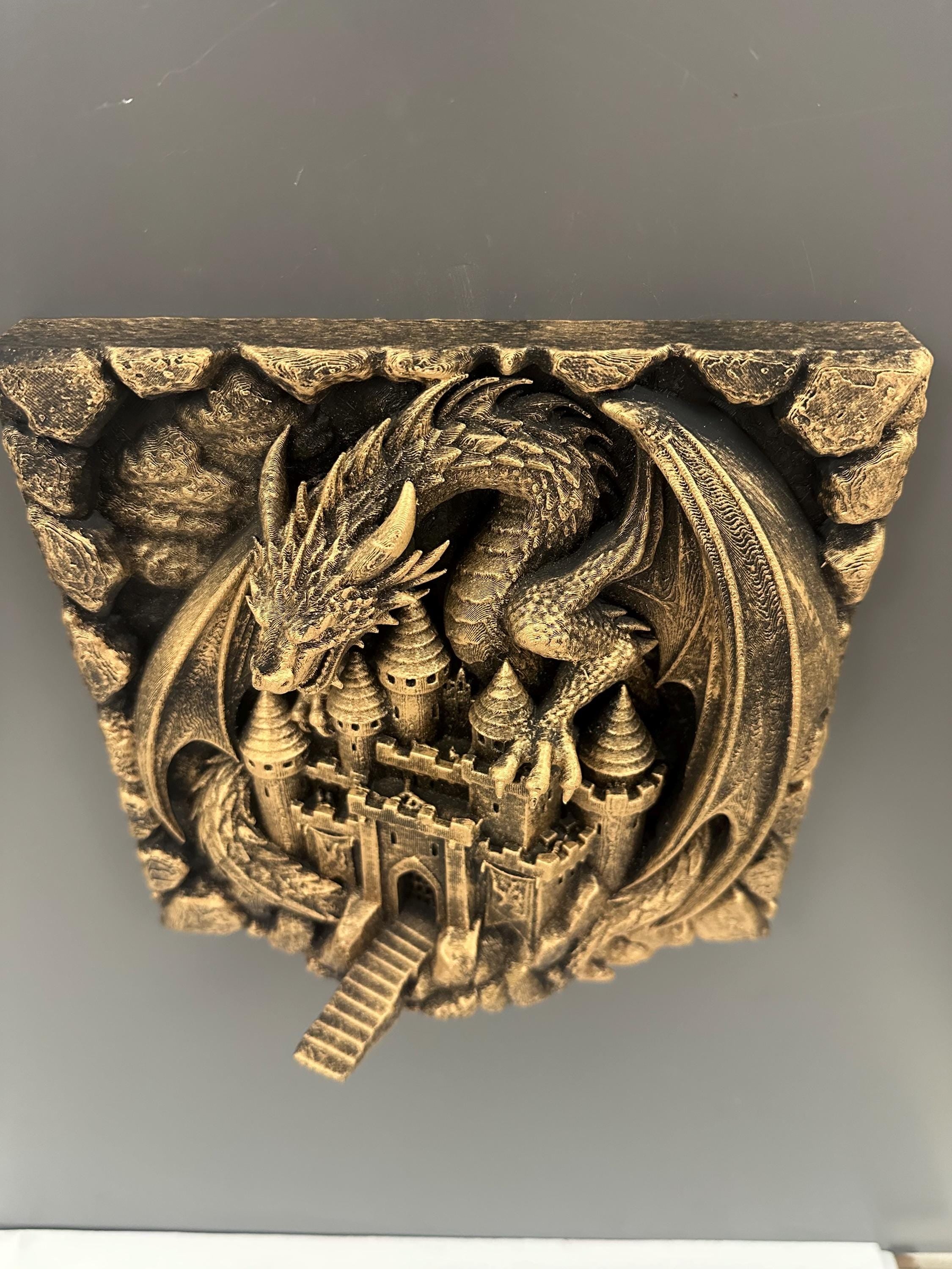 Dragon Castle Wall Sculpture - Medieval Fantasy 3D Relief Plaque - Dark Fantasy Home Decor - Guardian Dragon Wall Art - Castle Wall Hanging