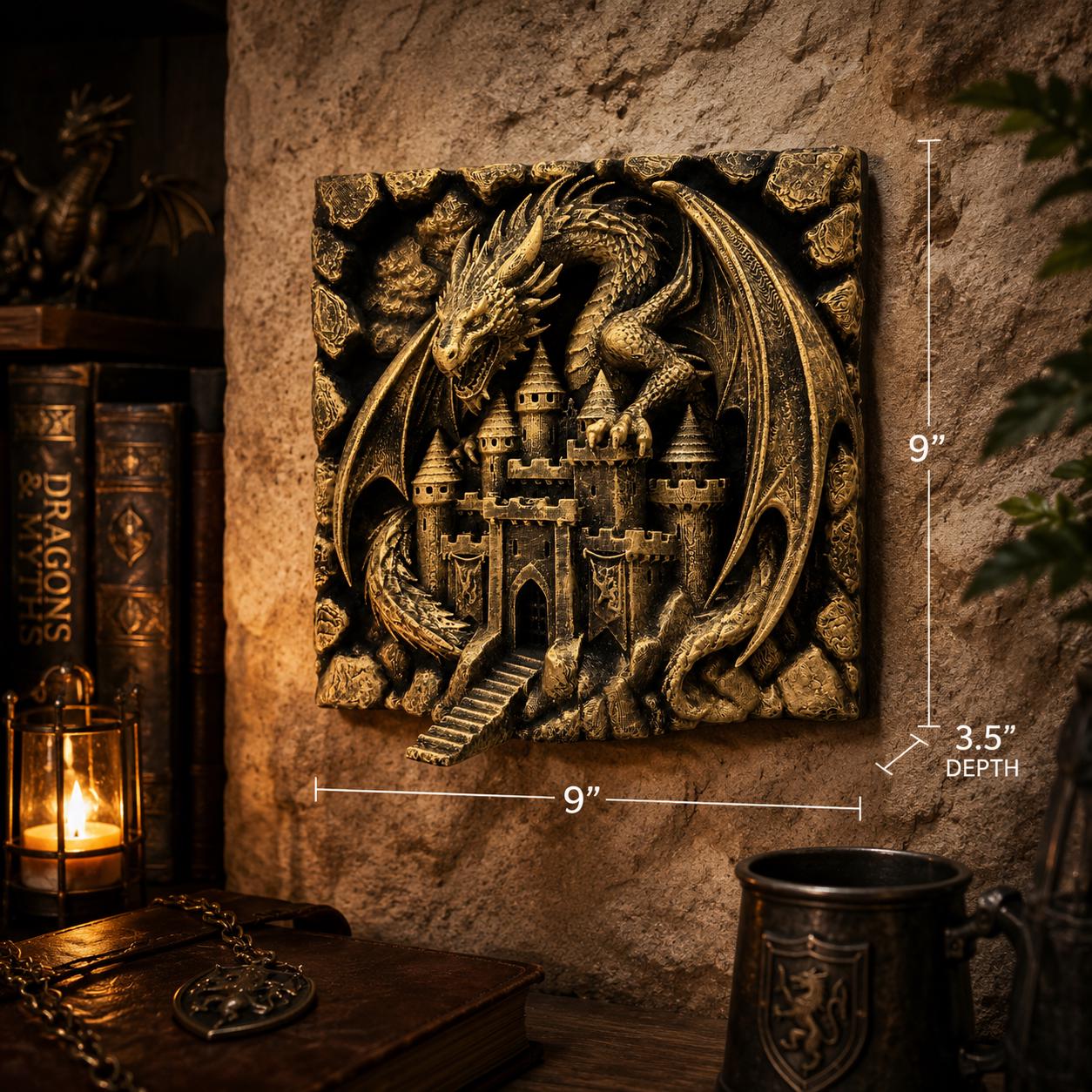 Dragon Castle Wall Sculpture - Medieval Fantasy 3D Relief Plaque - Dark Fantasy Home Decor - Guardian Dragon Wall Art - Castle Wall Hanging