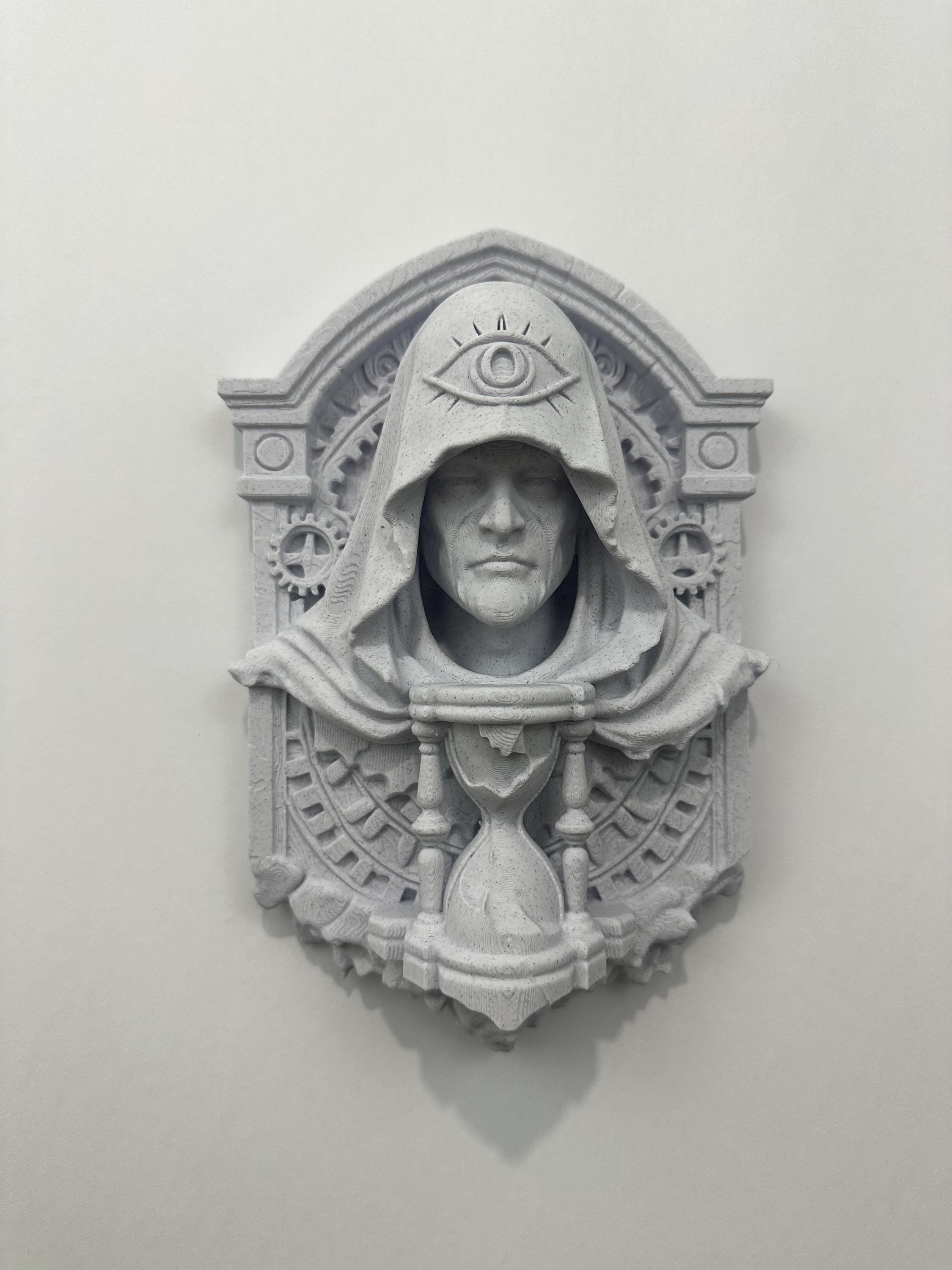 Ancient Watcher of Time Wall Sculpture - Gothic Guardian Relic - Hourglass Wall Art - Fantasy Temple Plaque Decor - Clockwork Art 9x6x2.5