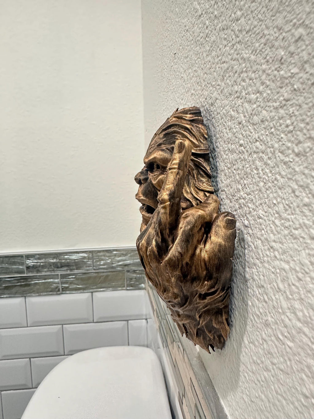 Hand Painted Bigfoot Wall Mount - Rude Sasquatch Middle Finger - Funny Man Cave Wall Decor - Rustic Cryptid Fantasy Bar Home Decor 9x8”