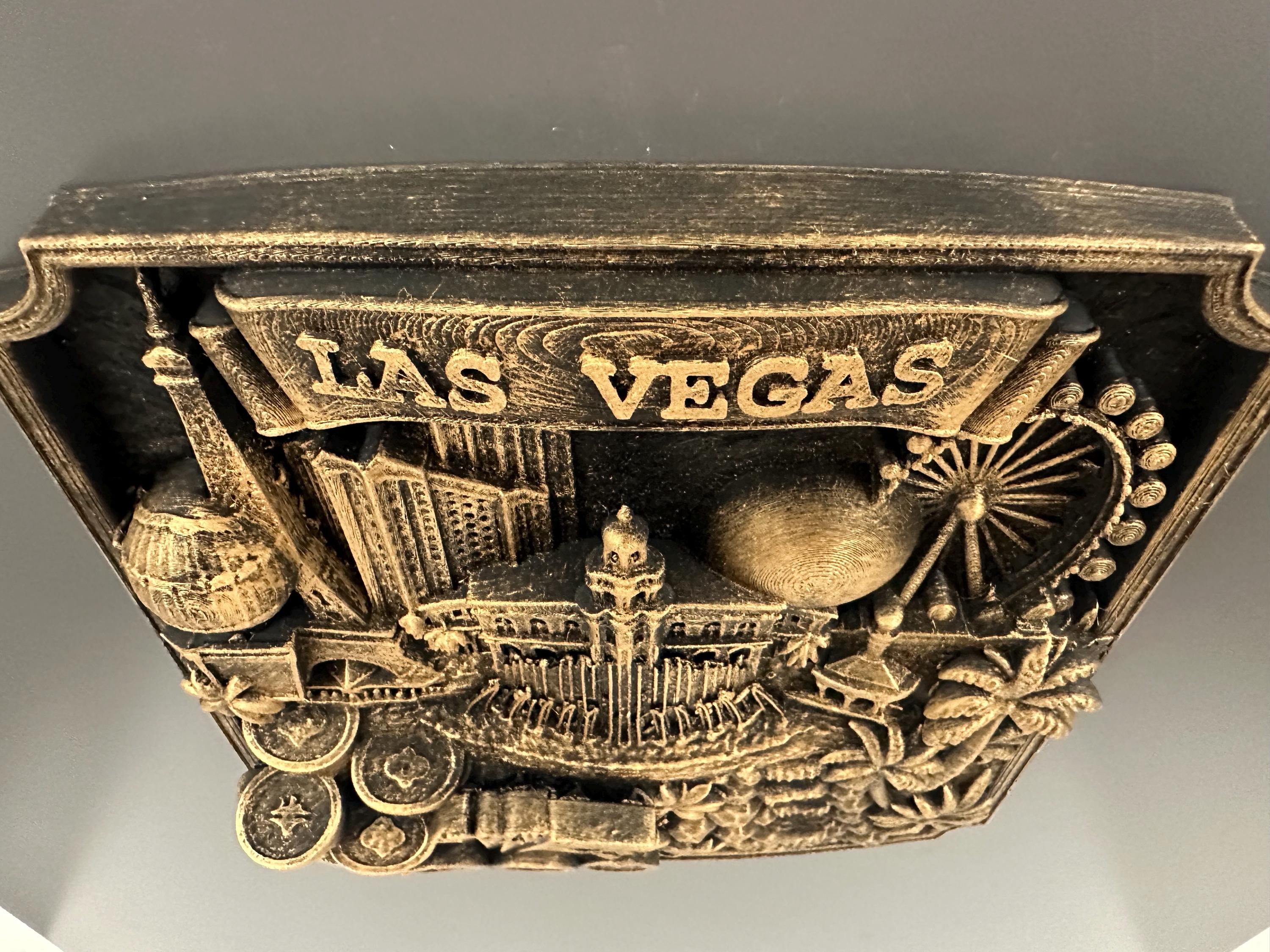 Las Vegas Wall Art Sculpture, Antique Gold Casino Decor, Poker Room Wall Plaque, Man Cave Bar Sign, Vegas Skyline Gift for Gamblers