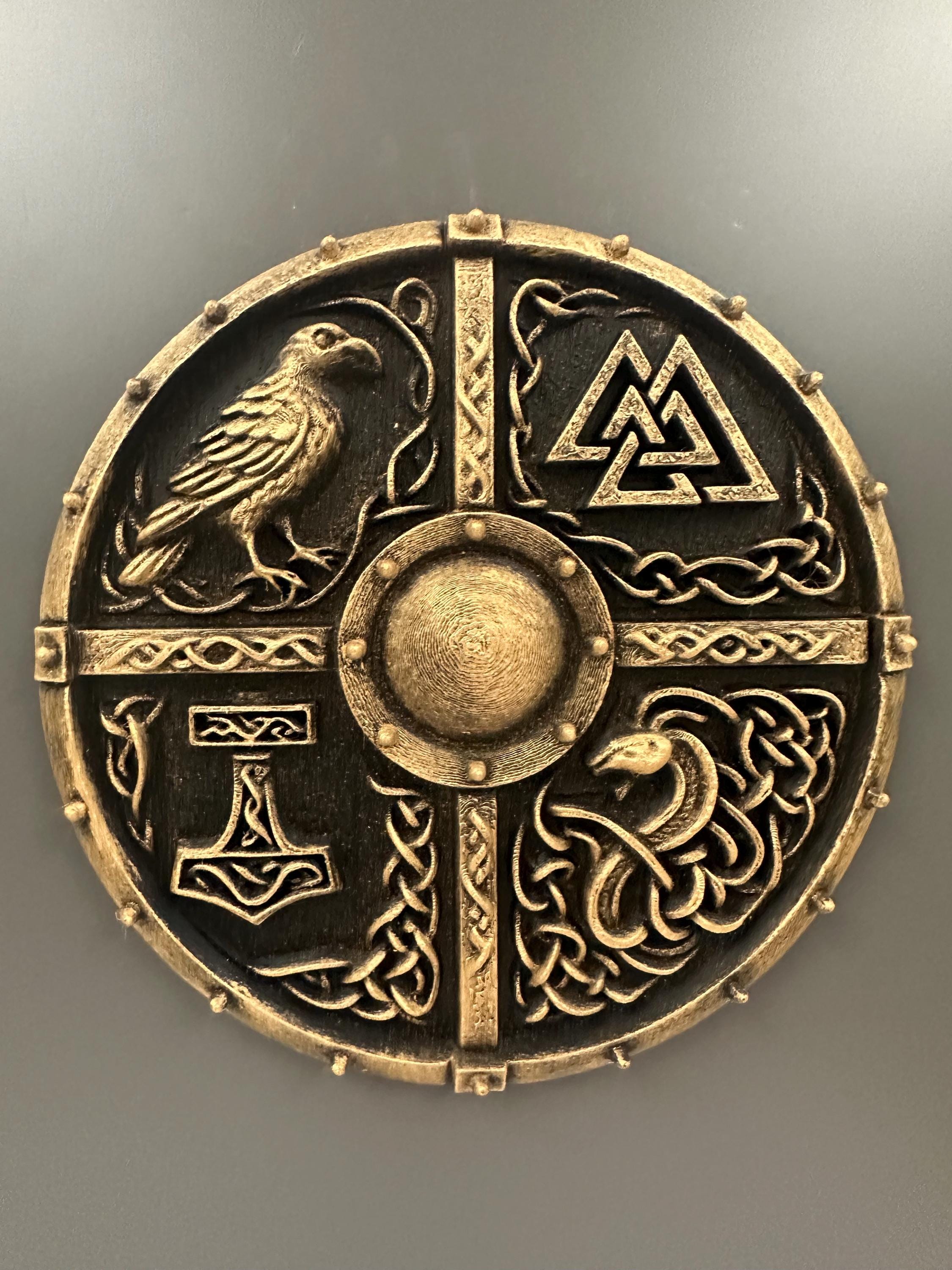 8” Viking Shield Wall Art Plaque — Norse Mythology Symbols, Antique Bronze 3D Printed Decor, Odin, Valknut, Thor Hammer