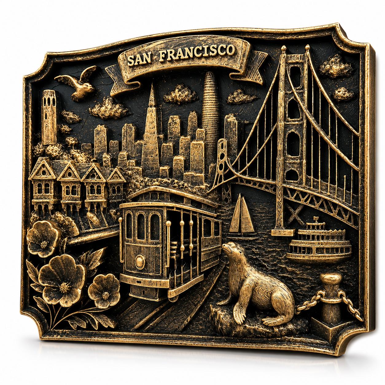 San Francisco Skyline Wall Art - Golden Gate Bridge Cable Car Sculpture - SF Cityscape Wall Hanging - California Travel Gift, Bay Area Decor