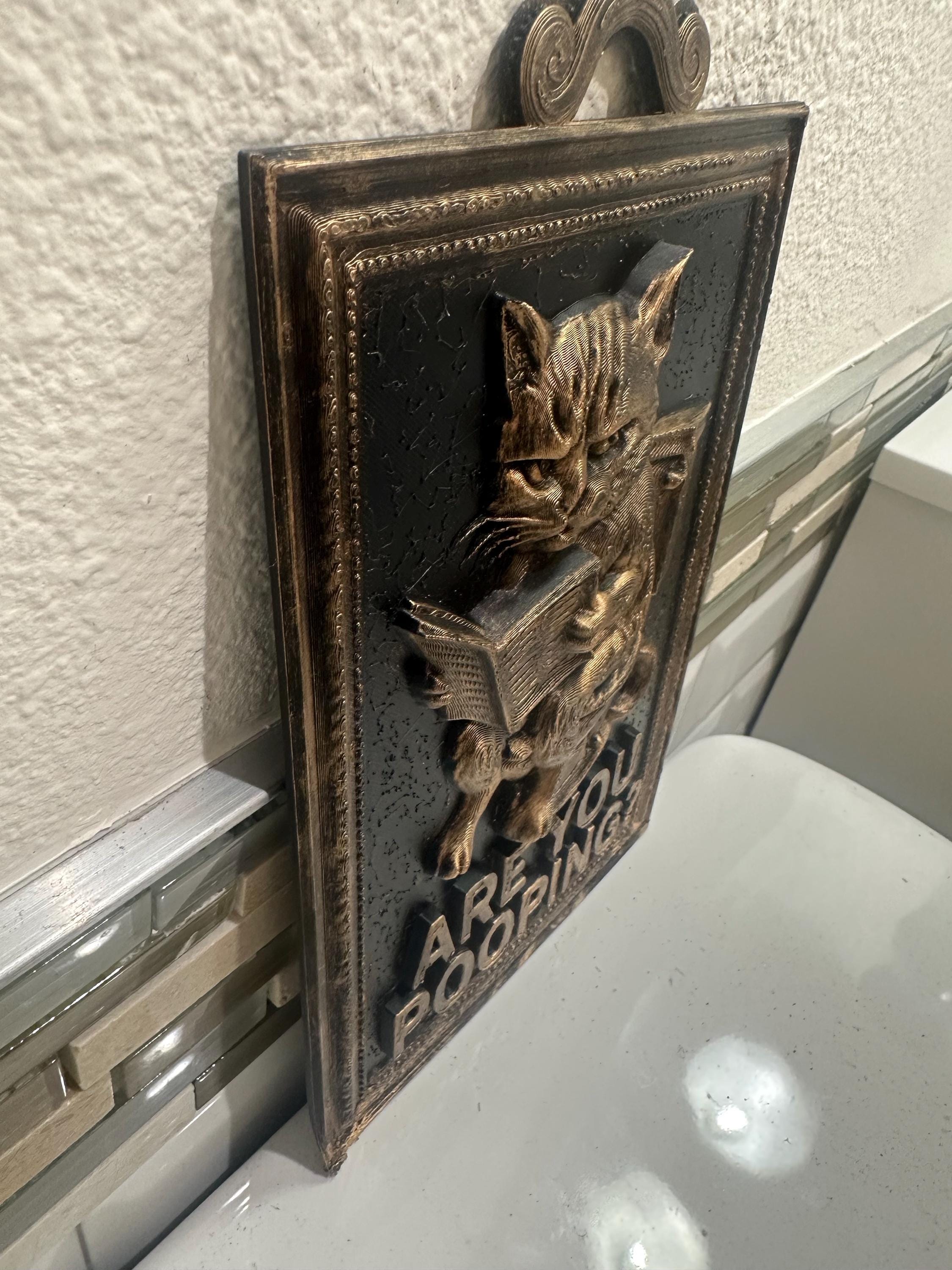 Hand Painted 9” x 6” Funny Are You Pooping Cat Newspaper Bathroom Sign Wall Art Home Decor 3D Hanging Humor Gift Vintage Sculpture Toilet