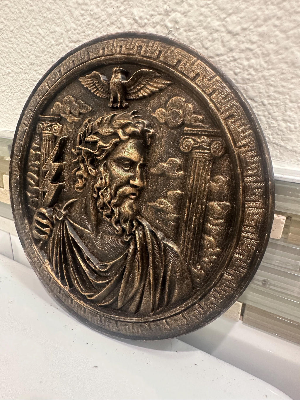 Hand Painted 8” x 8” Zues God Of Thunder Wall Plaque Art Sign 3d Relief Sculpture Home Decor - Greek Mythology