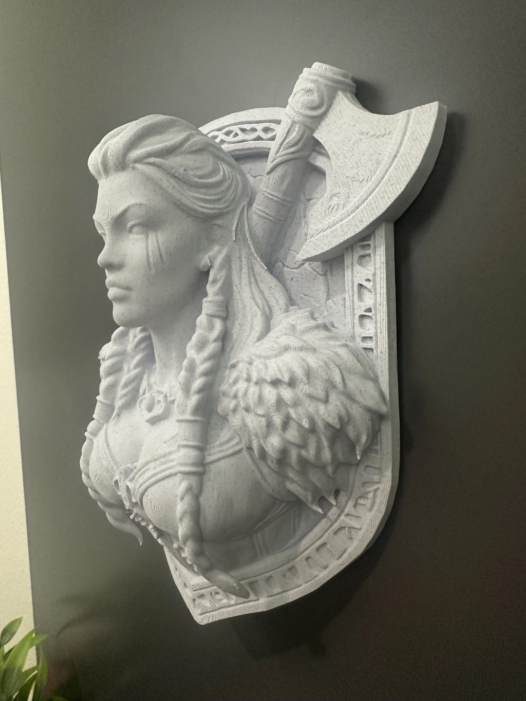 Valkyrie Wall Bust Sculpture on Shield Plaque Mount - Viking Shield Maiden Norse Wall Art - Mythology Man Cave Decor 9x6x3”
