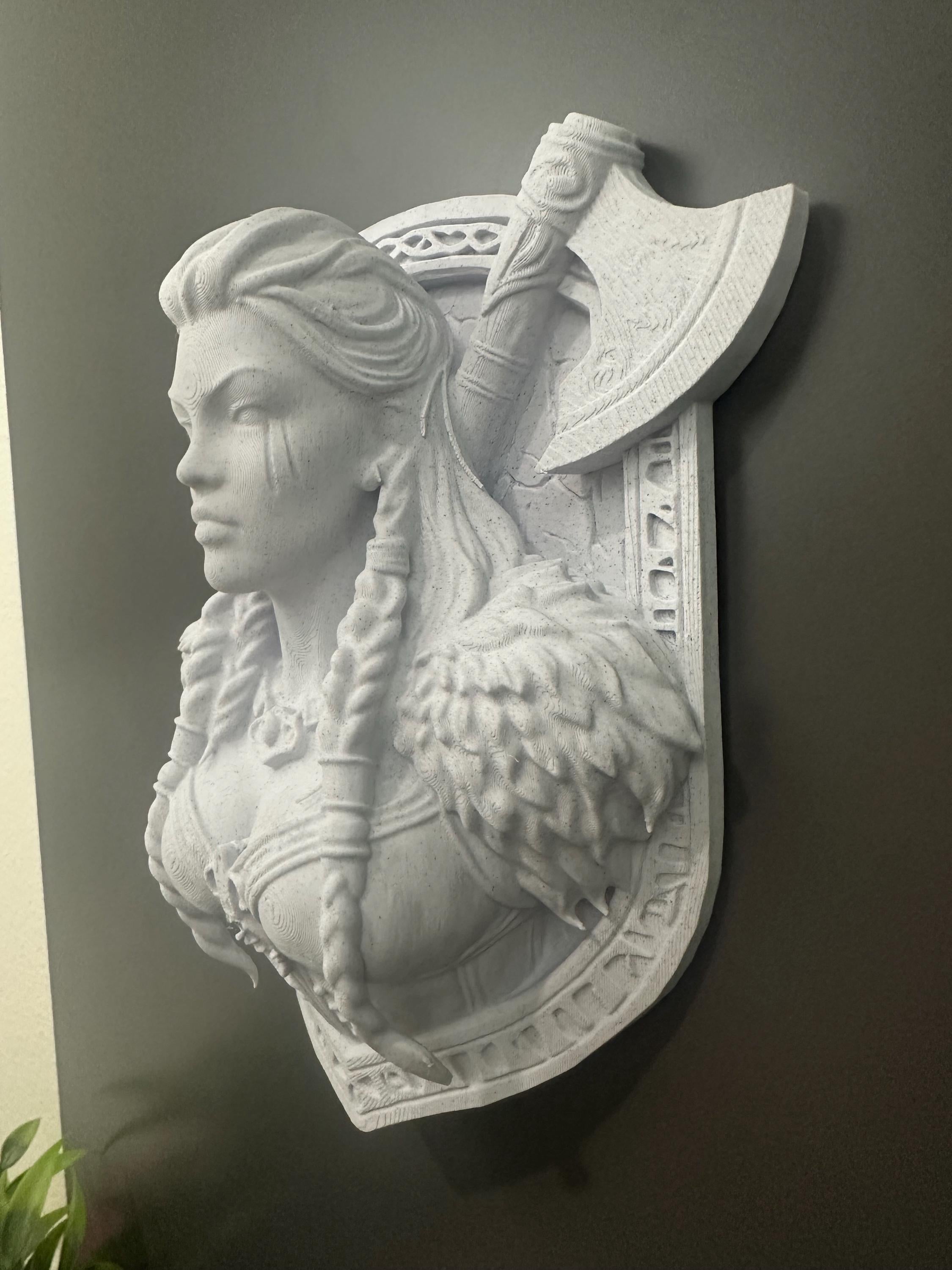 Valkyrie Wall Bust Sculpture on Shield Plaque Mount - Viking Shield Maiden Norse Wall Art - Mythology Man Cave Decor 9x6x3”