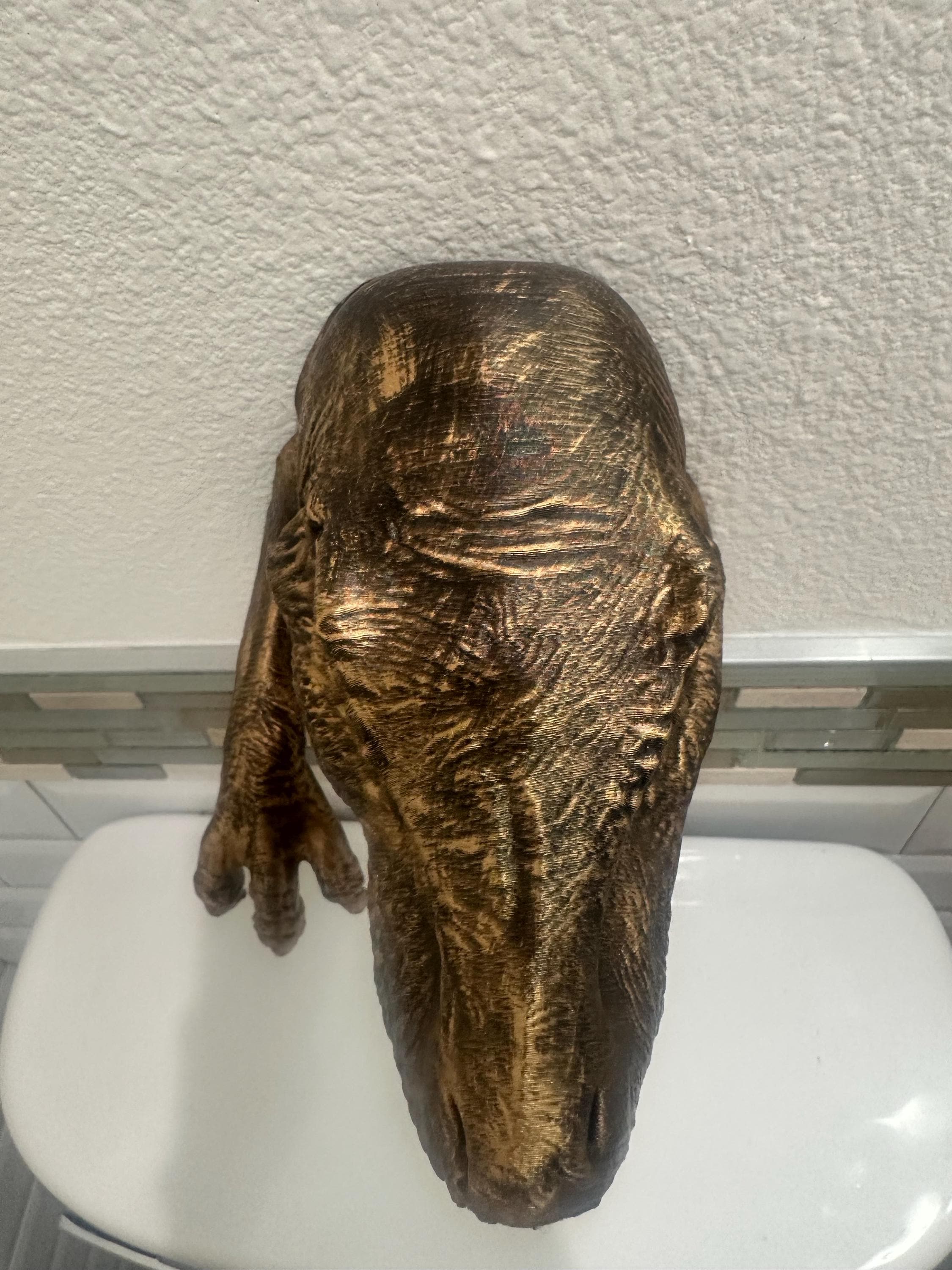 T-Rex Dinosaur Jurassic 8x6x6 3d Hanging Wall Mounted Sculpture Home Decor - Head and Claw - Hand Painted Antique Gold