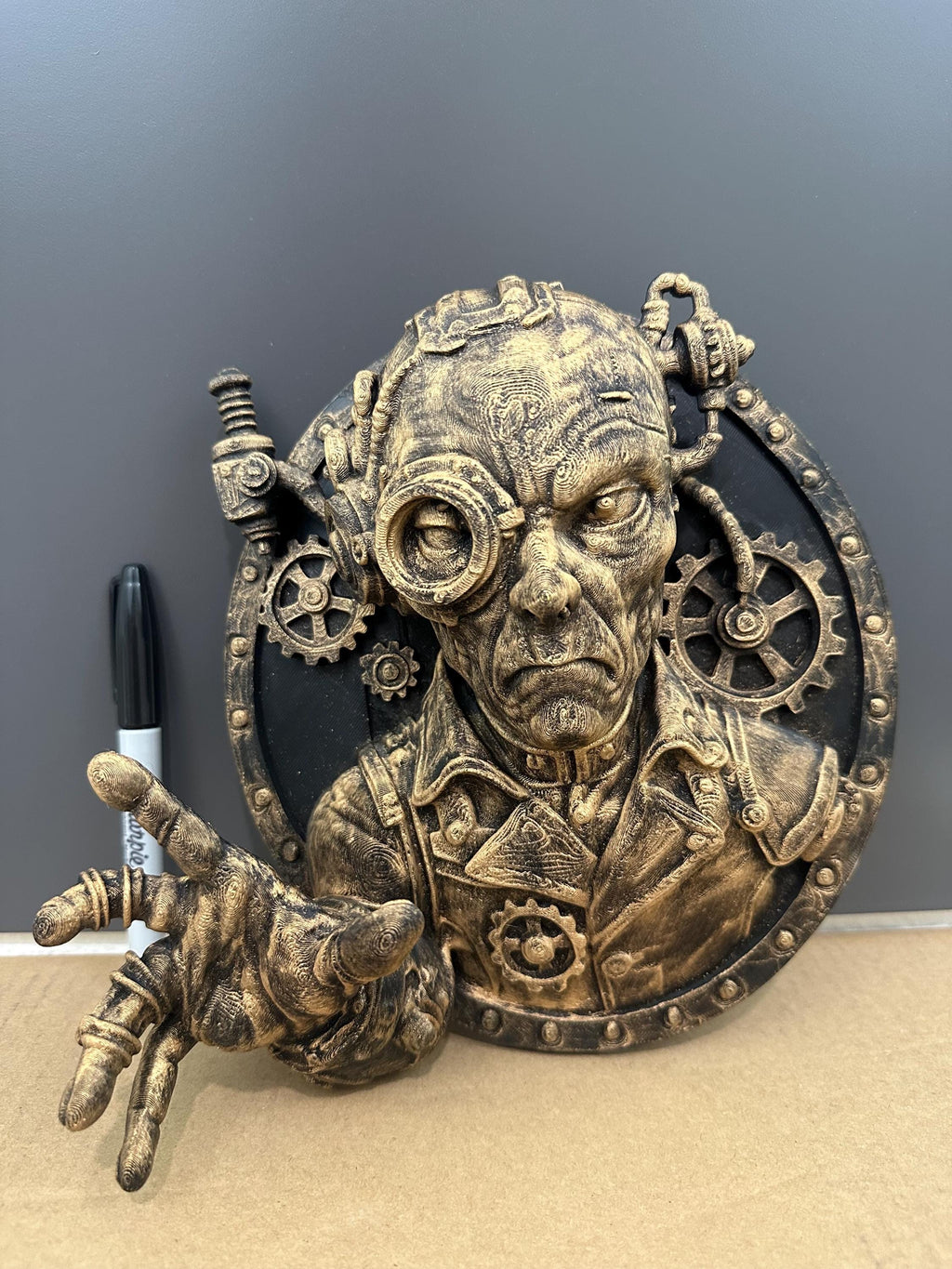 Steampunk Alien Wall Sculpture - Mechanical Sci Fi Wall Decor - Industrial Extraterrestrial Plaque - Hand Painted UFO Mount 9x9x4
