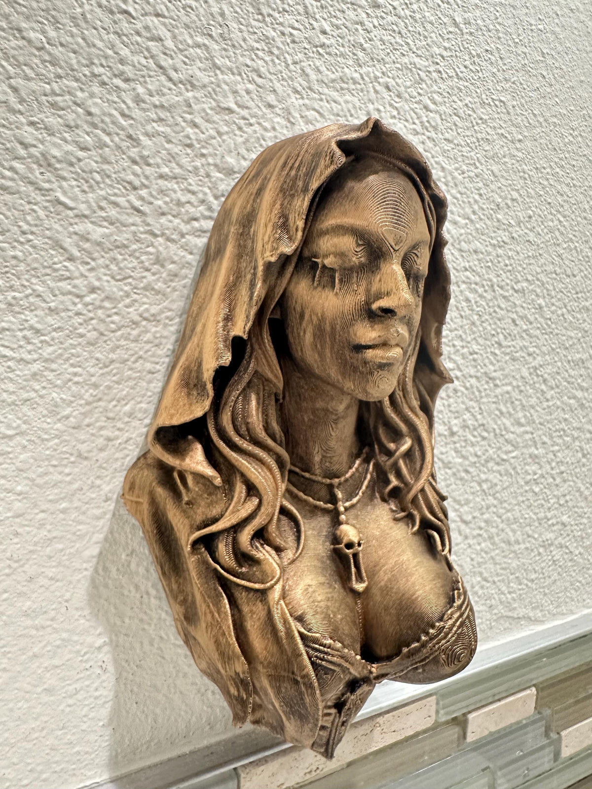 Gothic Hooded Woman with Eyes Sewn Shut Wall Sculpture