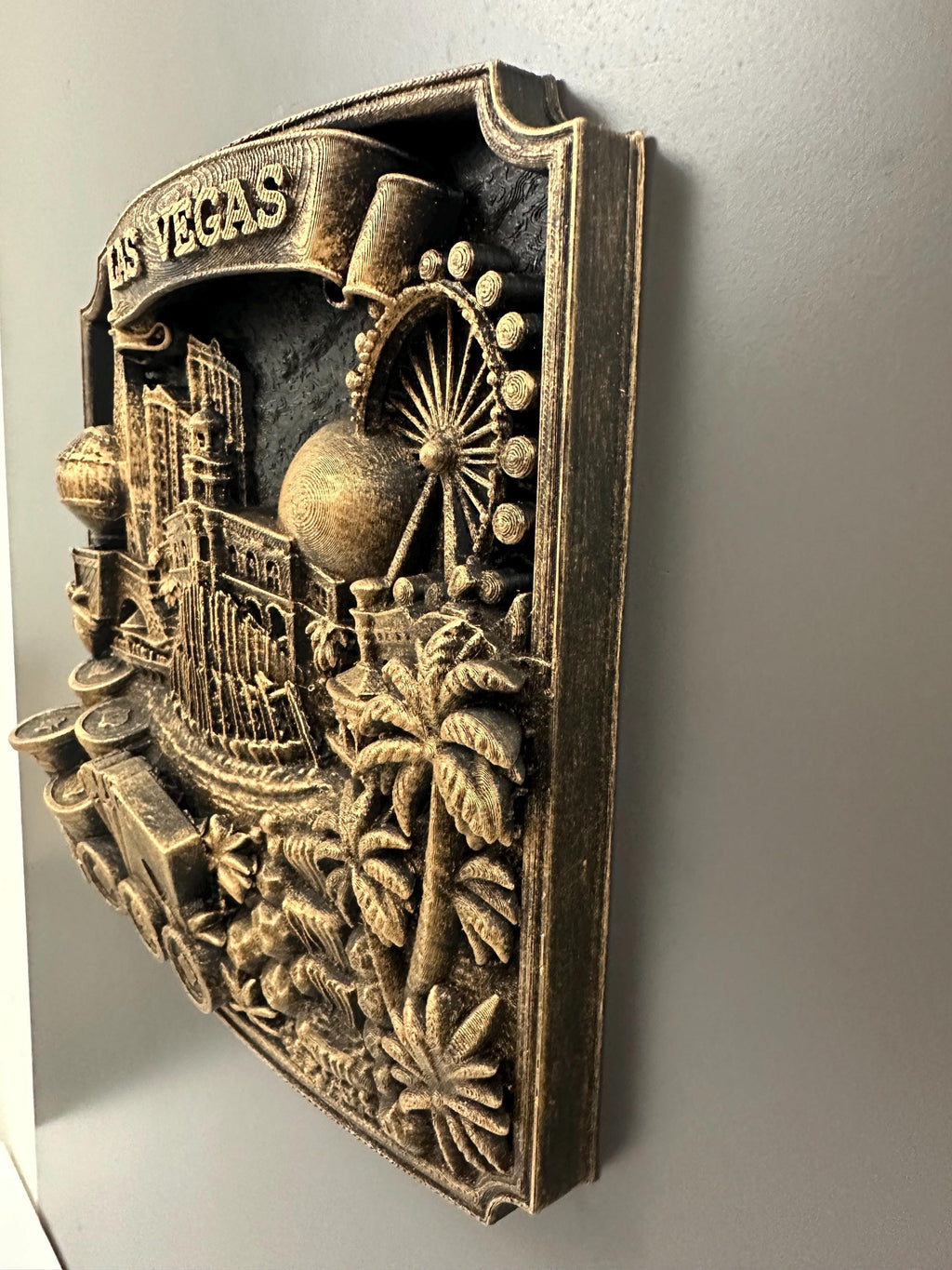 Las Vegas Wall Art Sculpture, Antique Gold Casino Decor, Poker Room Wall Plaque, Man Cave Bar Sign, Vegas Skyline Gift for Gamblers