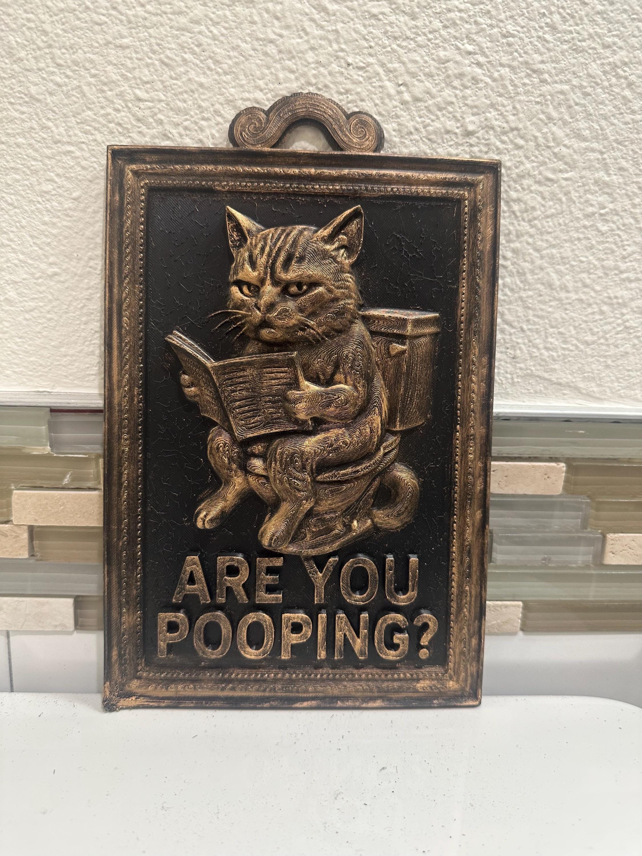Hand Painted 9” x 6” Funny Are You Pooping Cat Newspaper Bathroom Sign Wall Art Home Decor 3D Hanging Humor Gift Vintage Sculpture Toilet