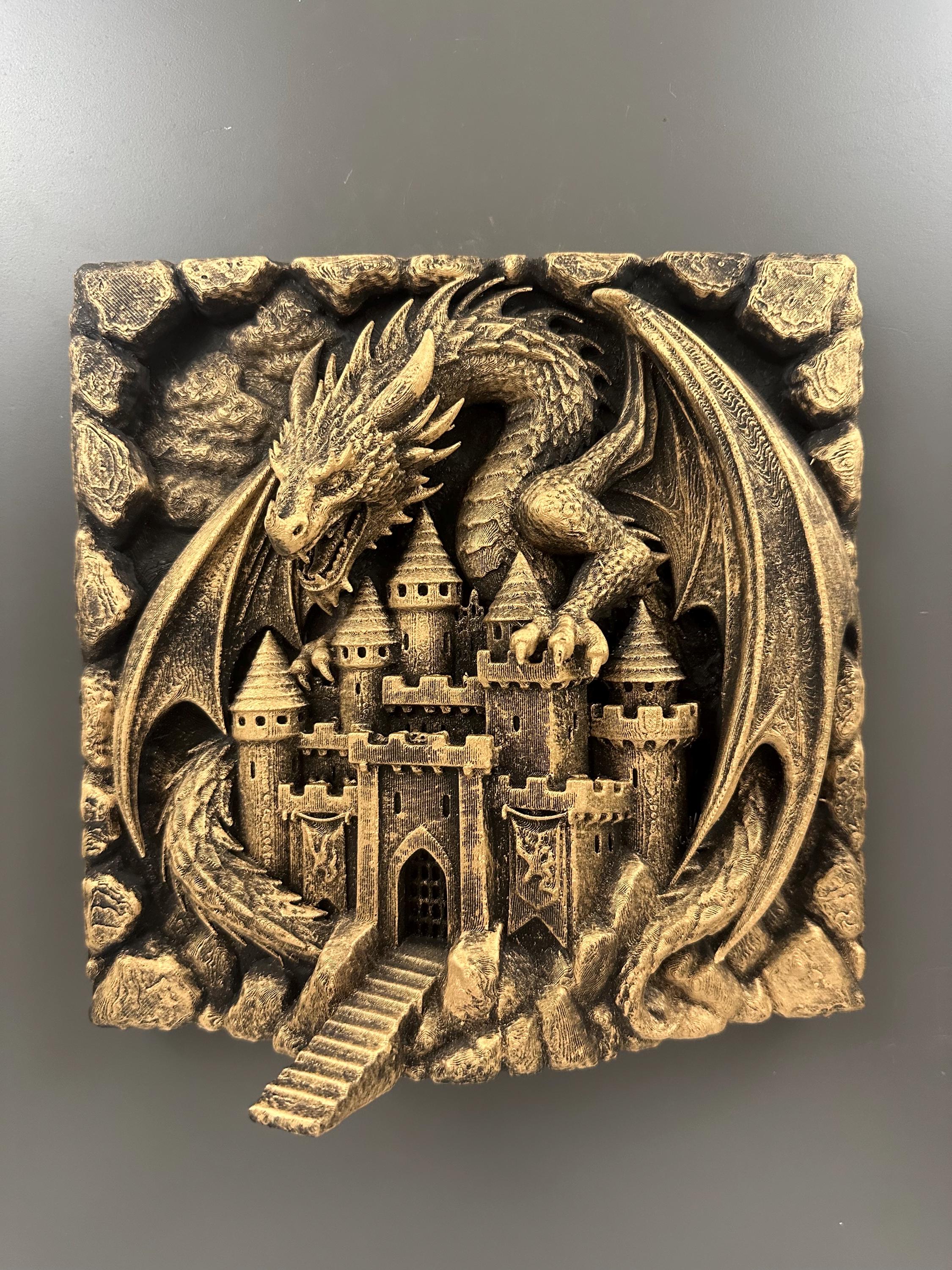 Dragon Castle Wall Sculpture - Medieval Fantasy 3D Relief Plaque - Dark Fantasy Home Decor - Guardian Dragon Wall Art - Castle Wall Hanging