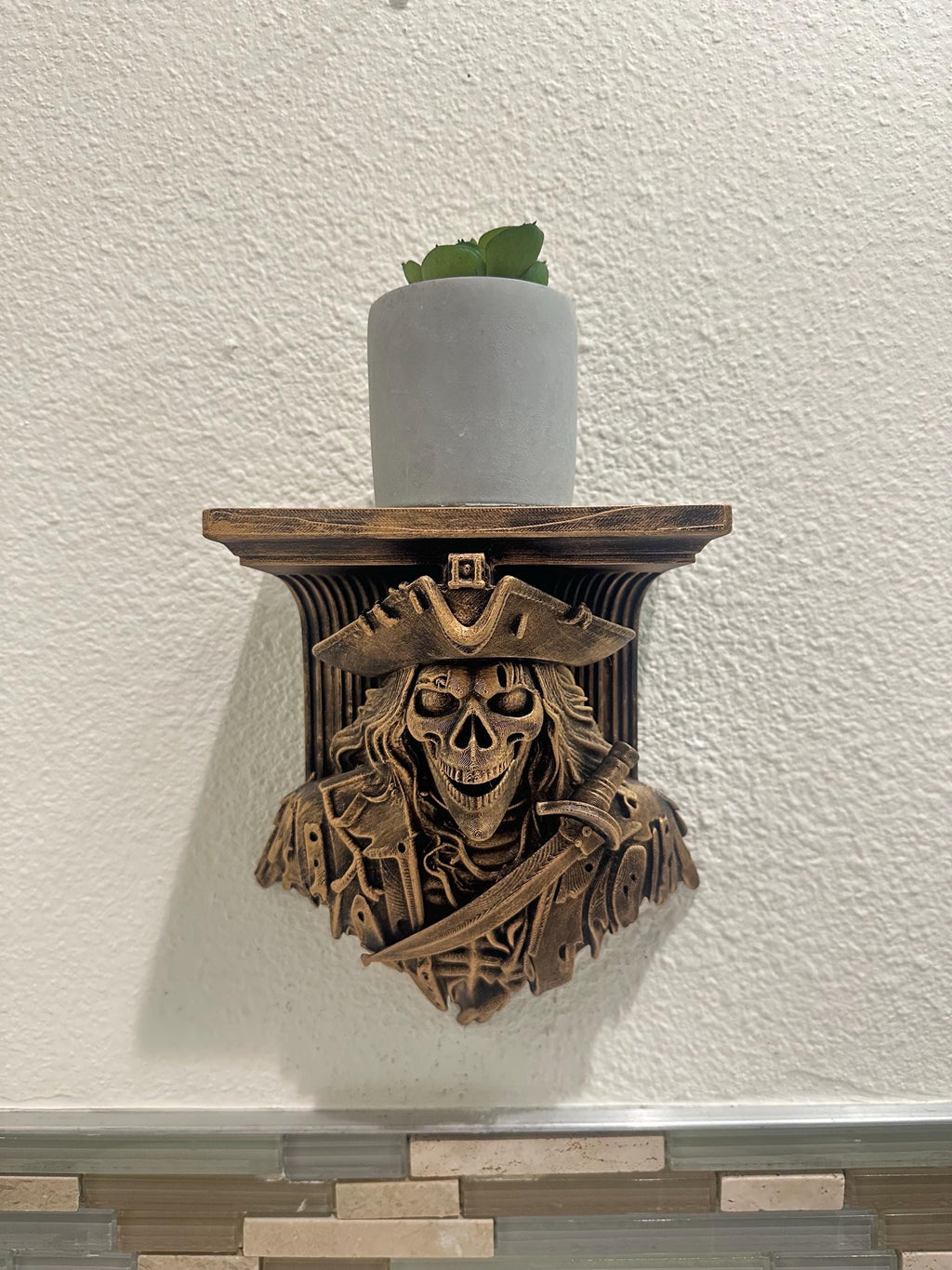 Ghost Pirate Wall Shelf - Haunted Skeleton Decor - Skill Buccaneer Nautical Gothic Wall Mount - Hand Painted Floating Shelf 8x7x4