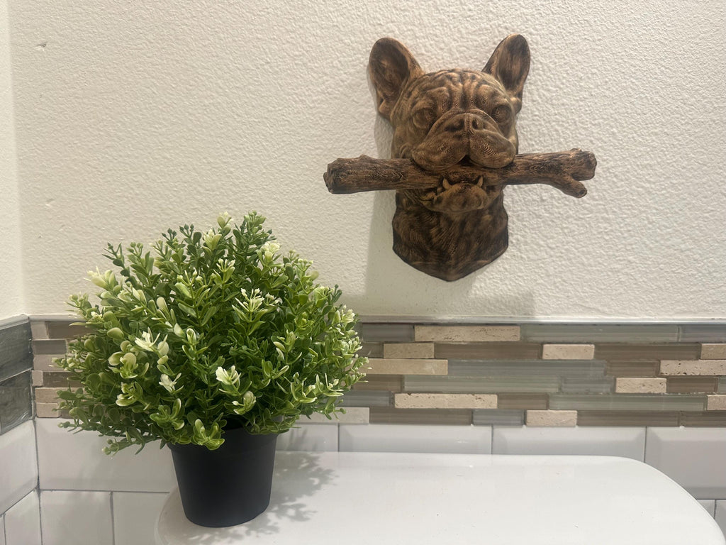 French Bulldog Wall Sculpture - Dog Wall Art - Playful Frenchie With Stick - Modern Bulldog Wall Decor - Hand Painted 9x9x4